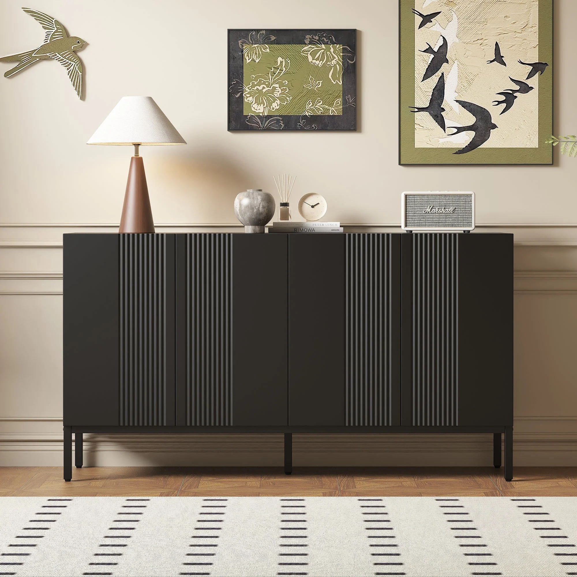 Modern Sideboard Unique Lines 4 Doors Handleless - Black - Image 2