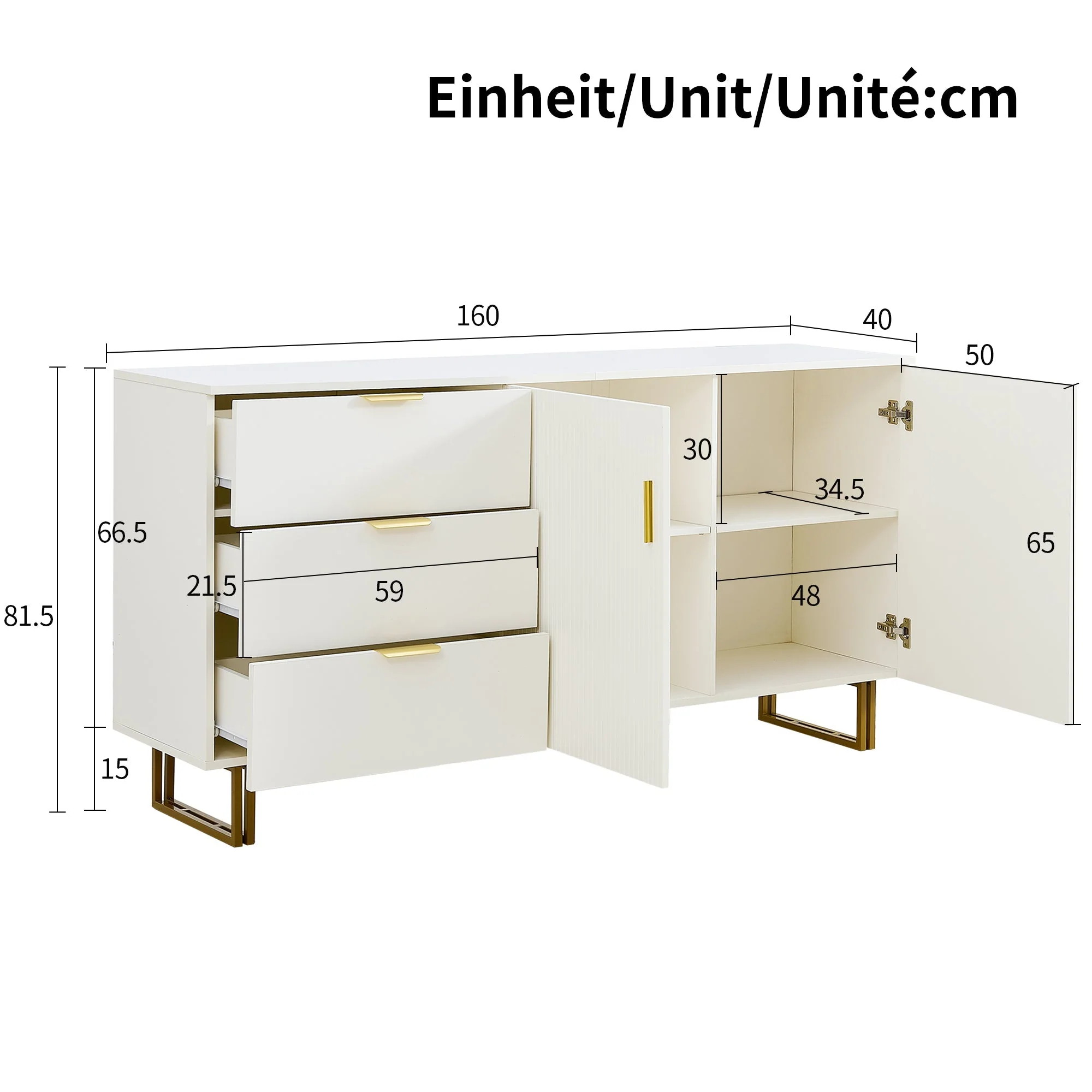 Modern Sideboard with 2 Doors and 3 Drawers, 160cm Storage Cabinet with Gold Steel Legs, White MDF - Image 4