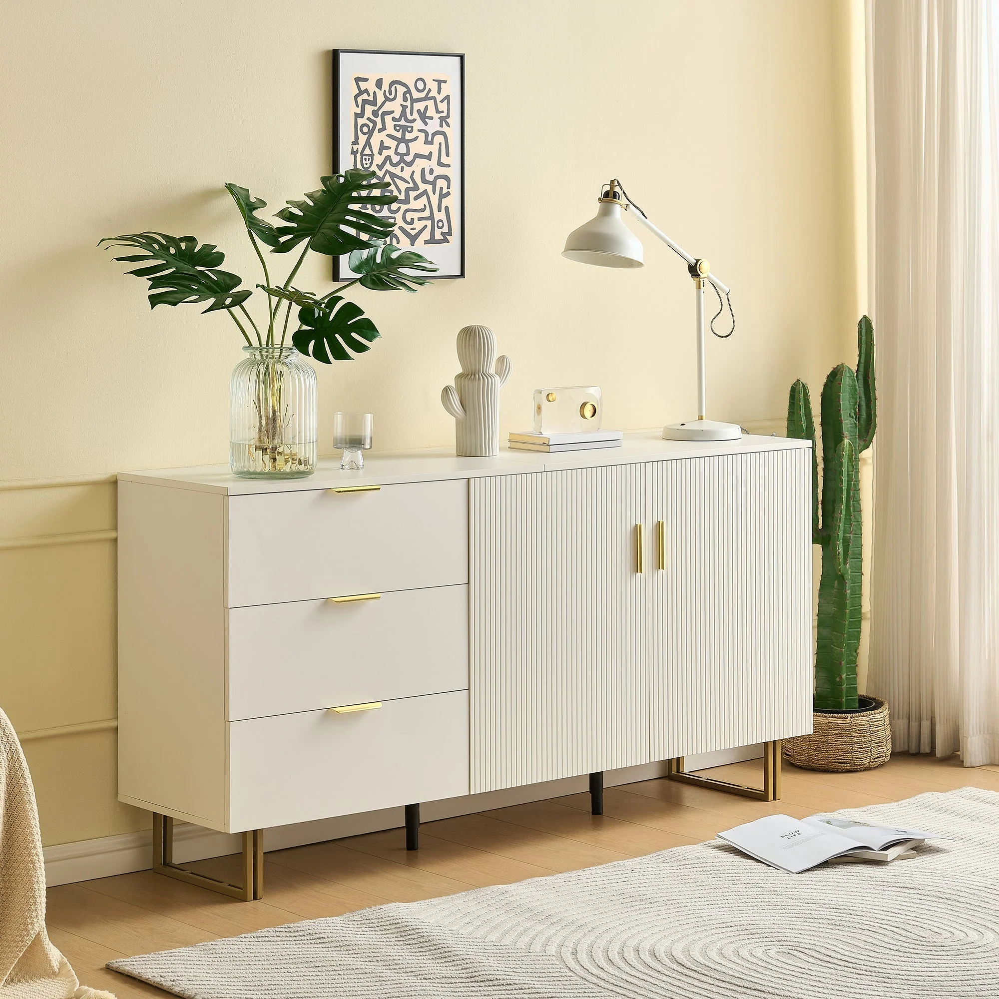Modern Sideboard with 2 Doors and 3 Drawers, 160cm Storage Cabinet with Gold Steel Legs, White MDF - Image 7