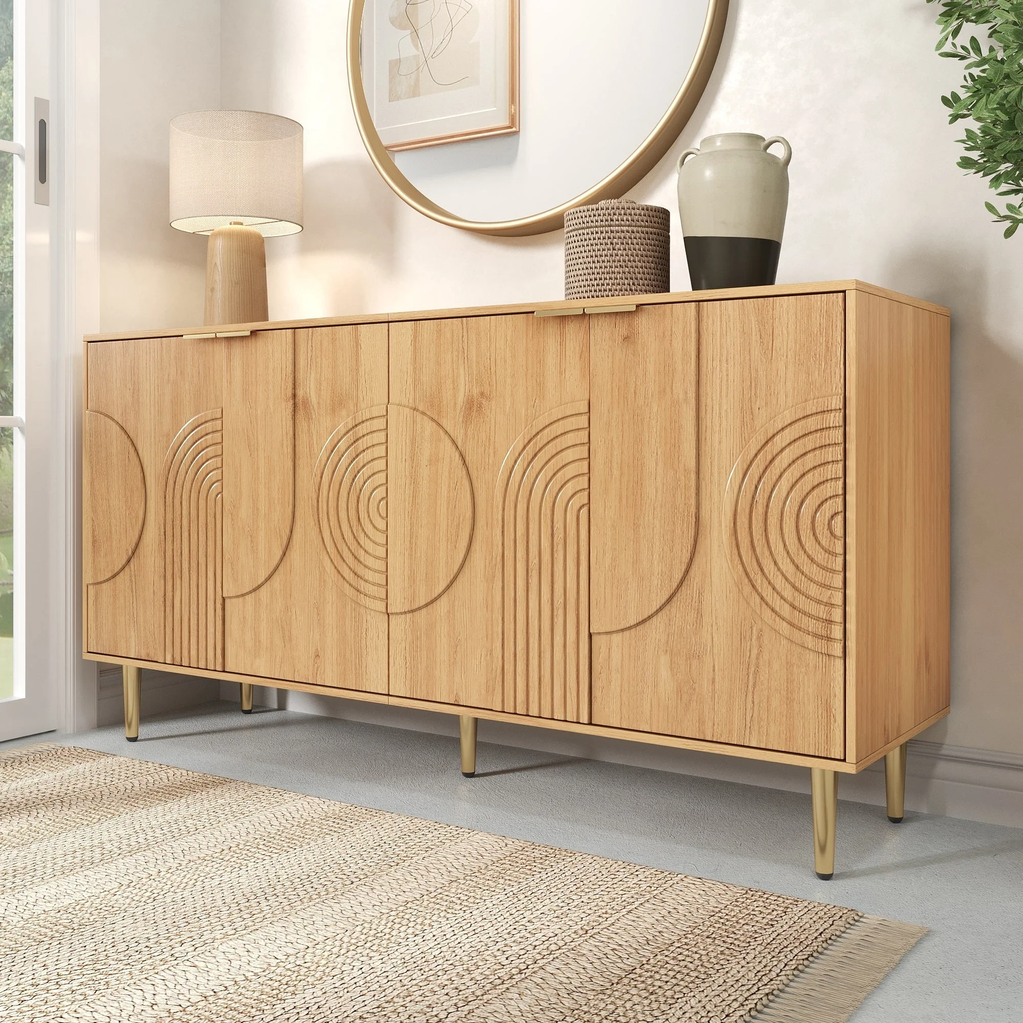 Modern Sideboard with 4 Doors and Adjustable Shelves, Natural Wood Look - Image 4