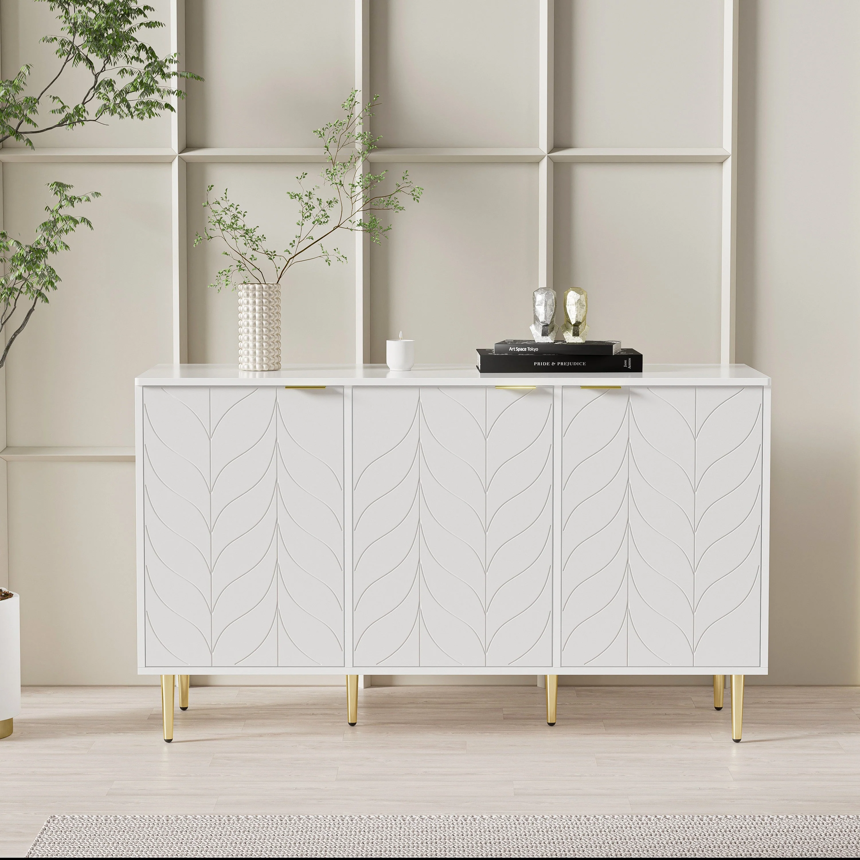 Modern Sideboard with 6 Compartments and Floral Pattern, White with Gold Accents
