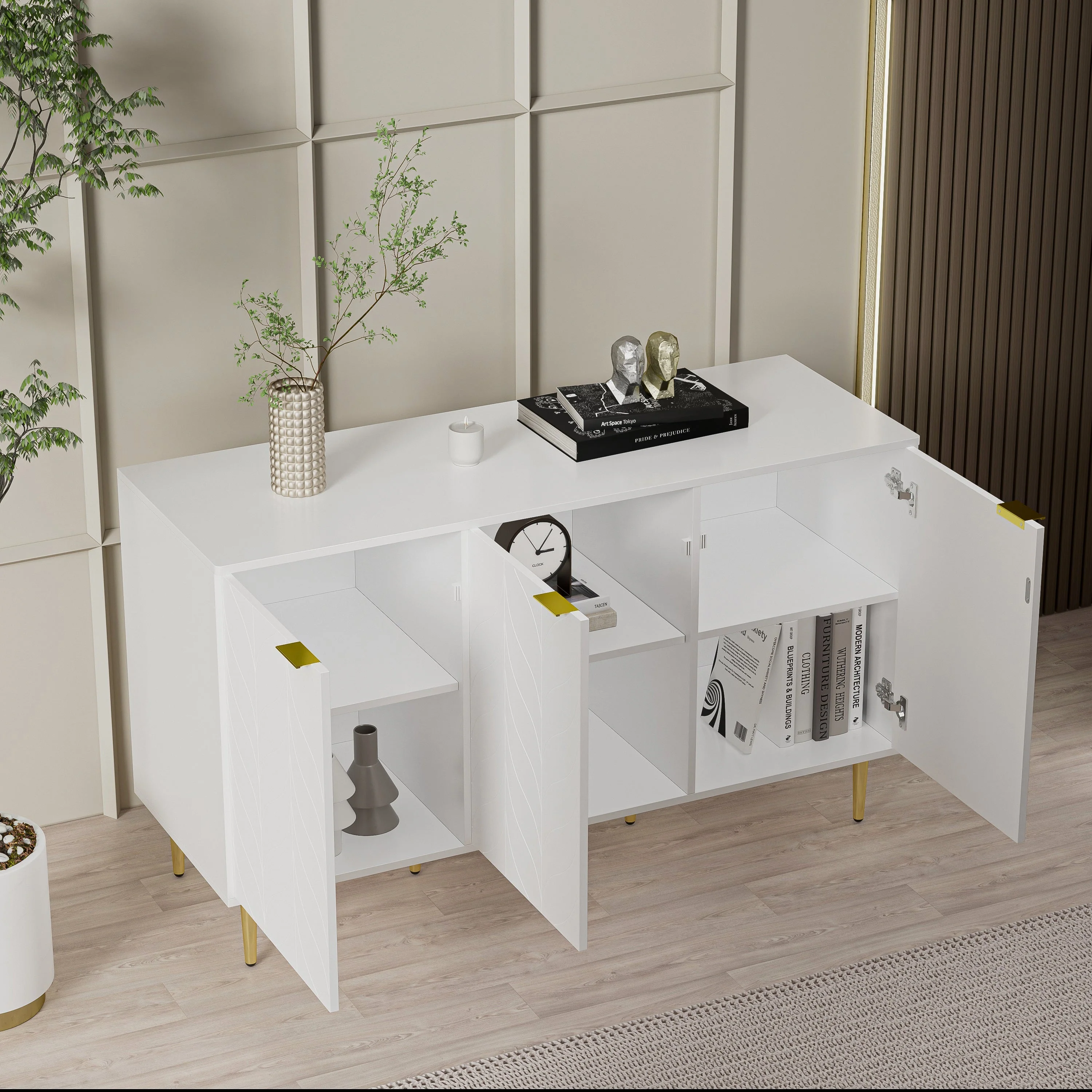 Modern Sideboard with 6 Compartments and Floral Pattern, White with Gold Accents - Image 2