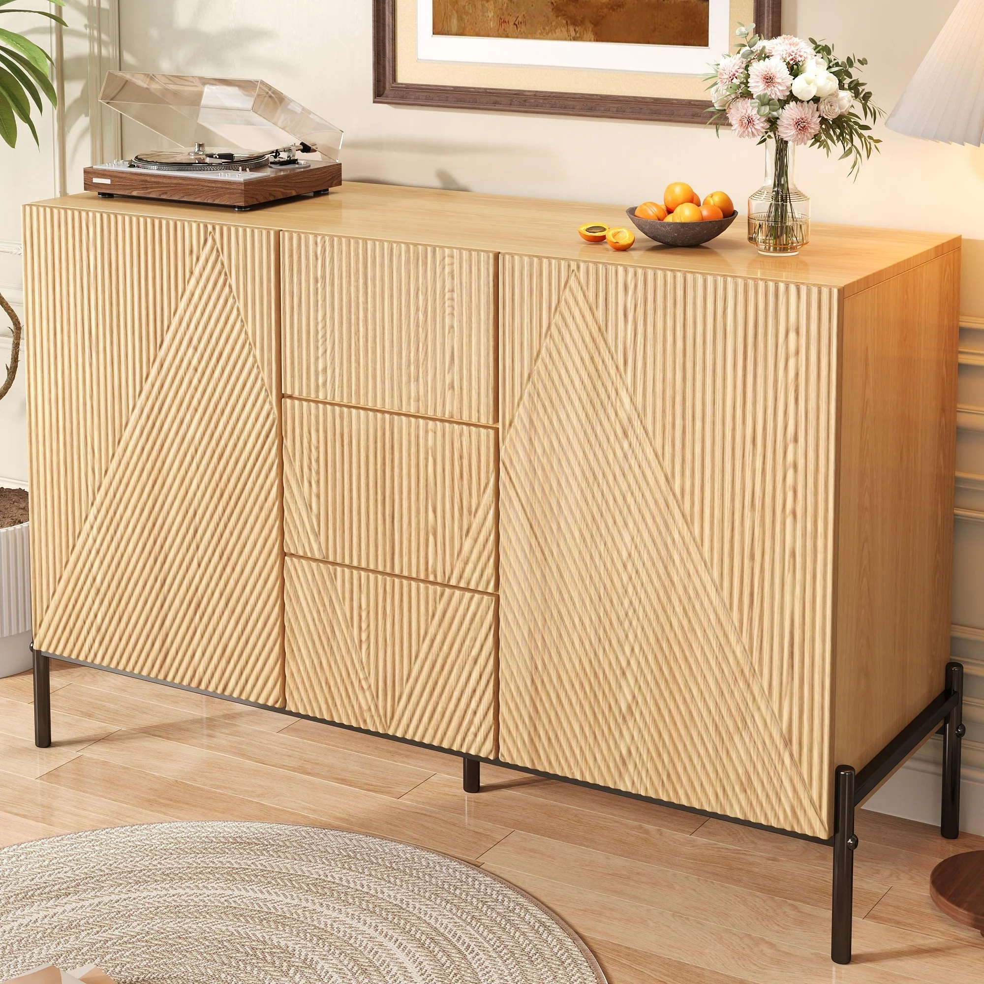 Modern Sideboard with Geometric Structure, Double Doors and Middle Drawer, Living/Dining Room Storage Cabinet - Image 5