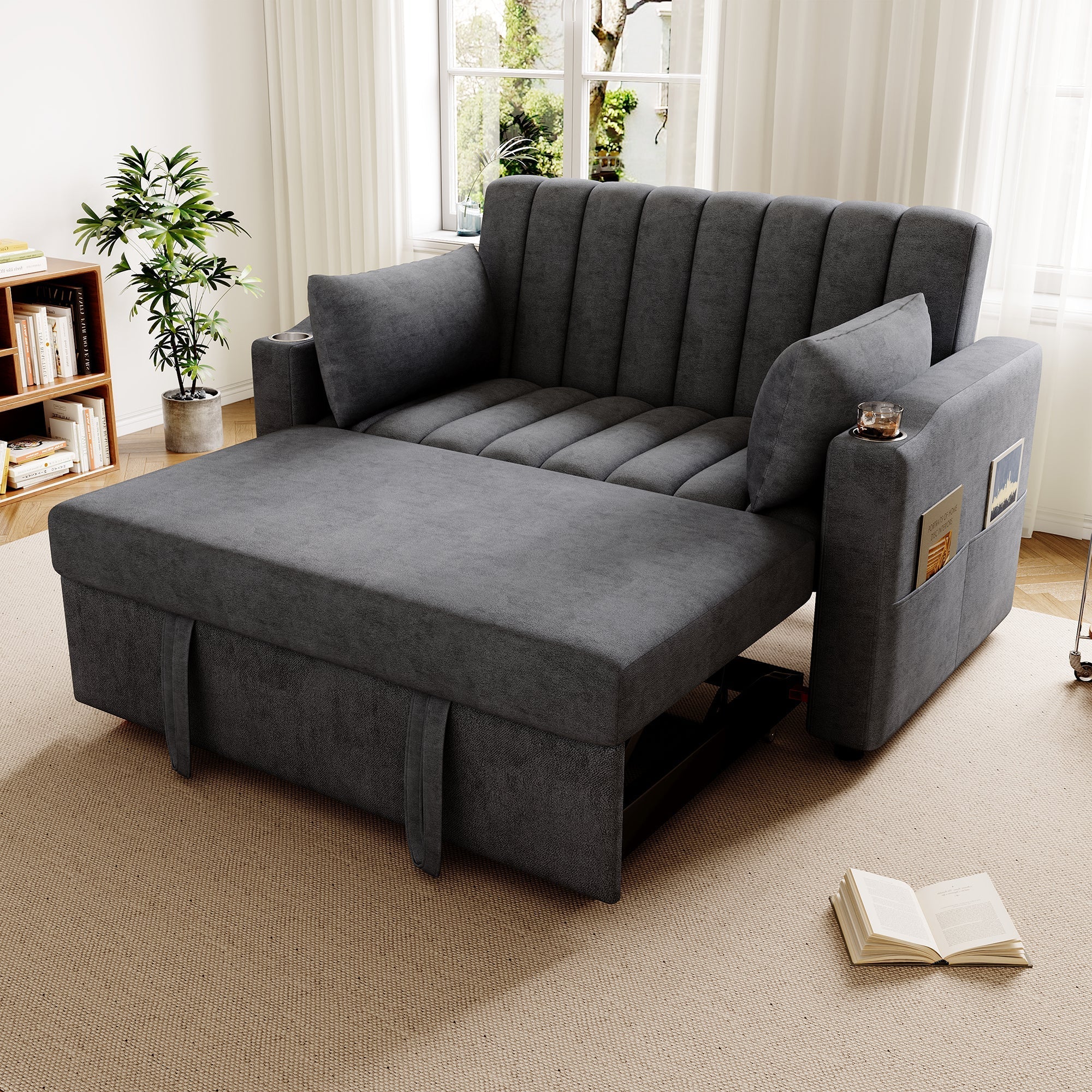 Modern Sofa Bed Multifunctional Adjustable Backrest with Drink Holder & Cushions - Image 3