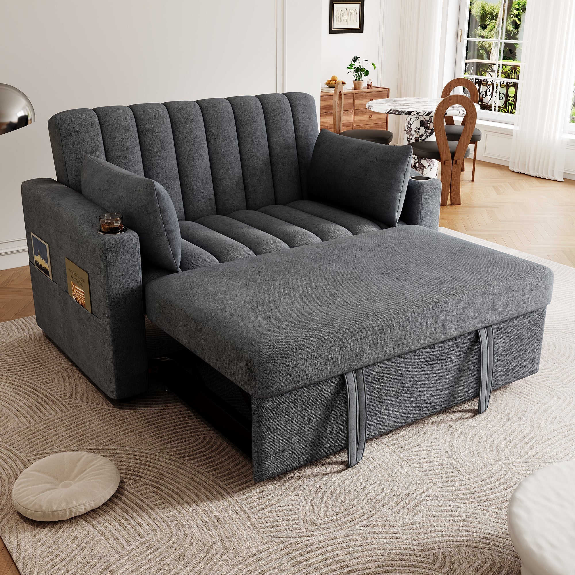 Modern Sofa Bed Multifunctional Adjustable Backrest with Drink Holder & Cushions - Image 4