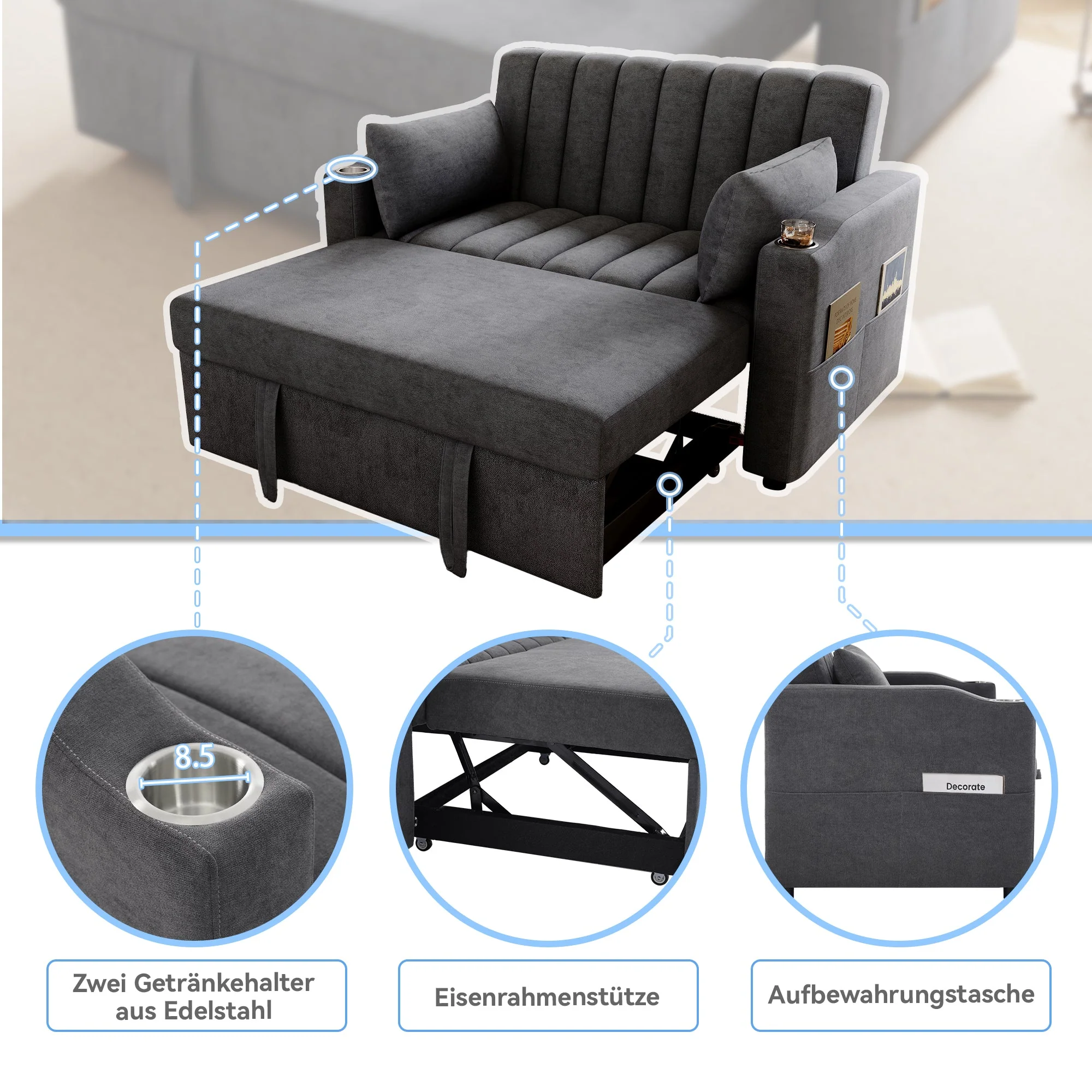 Modern Sofa Bed Multifunctional Adjustable Backrest with Drink Holder & Cushions - Image 6