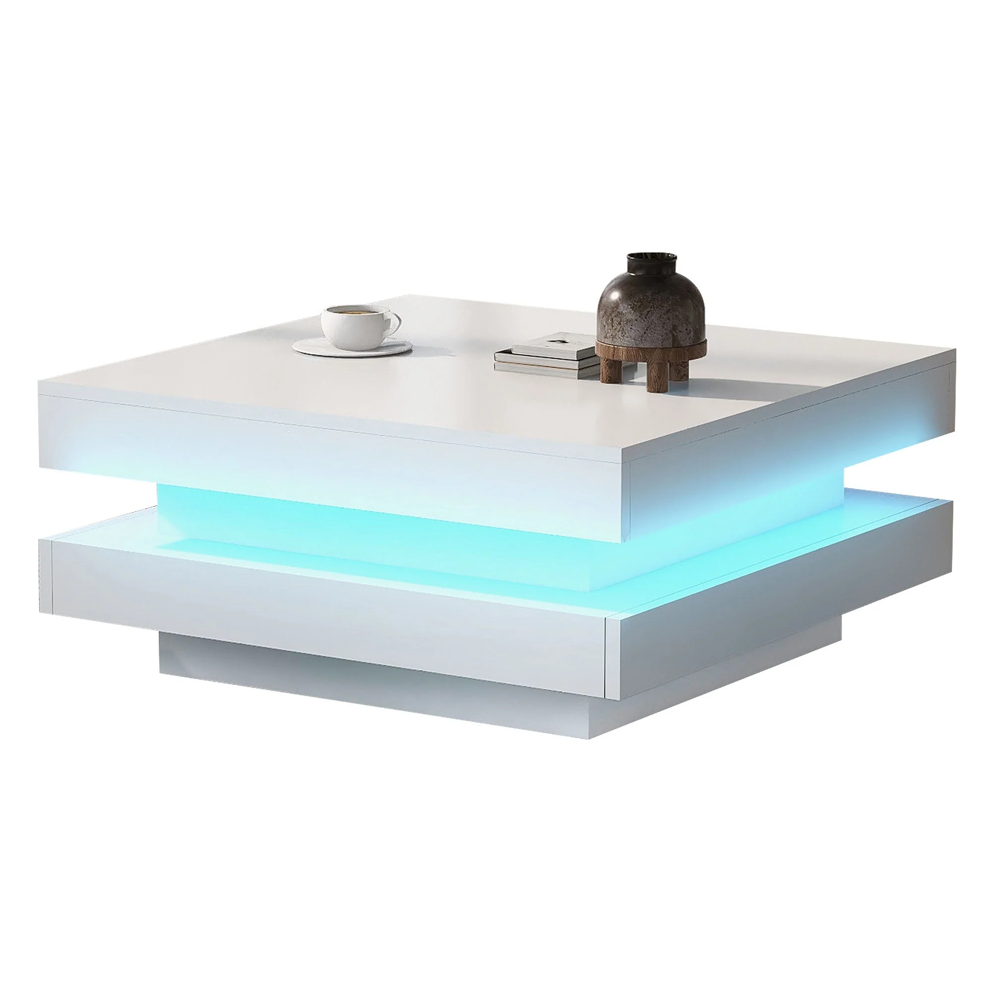 Modern Square Coffee Table with Rotating Top and LED Light, High-Gloss White - Image 5