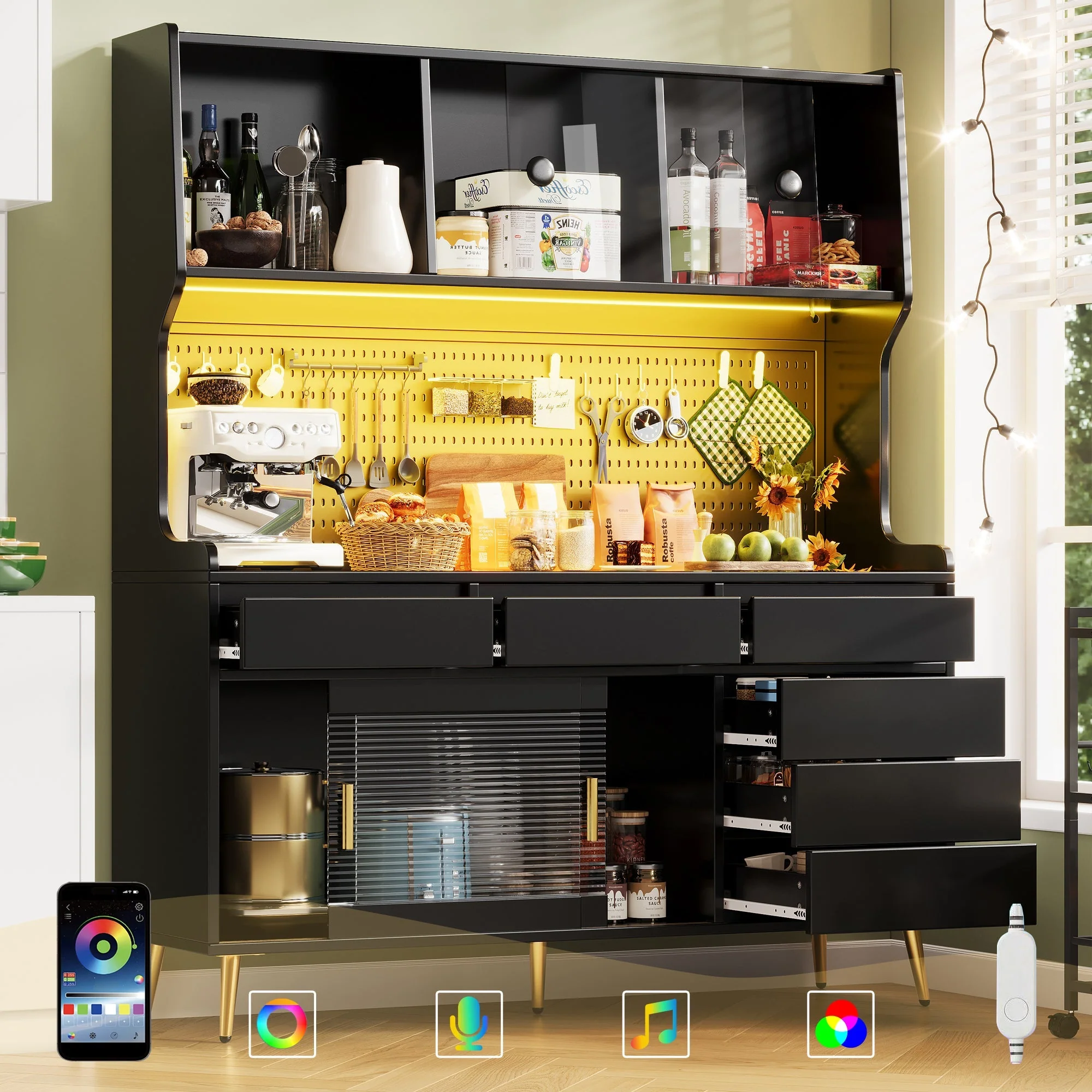 Modern Tall Cabinet with LED & App Control, Drawer, Pegboard Storage - Black - Image 2