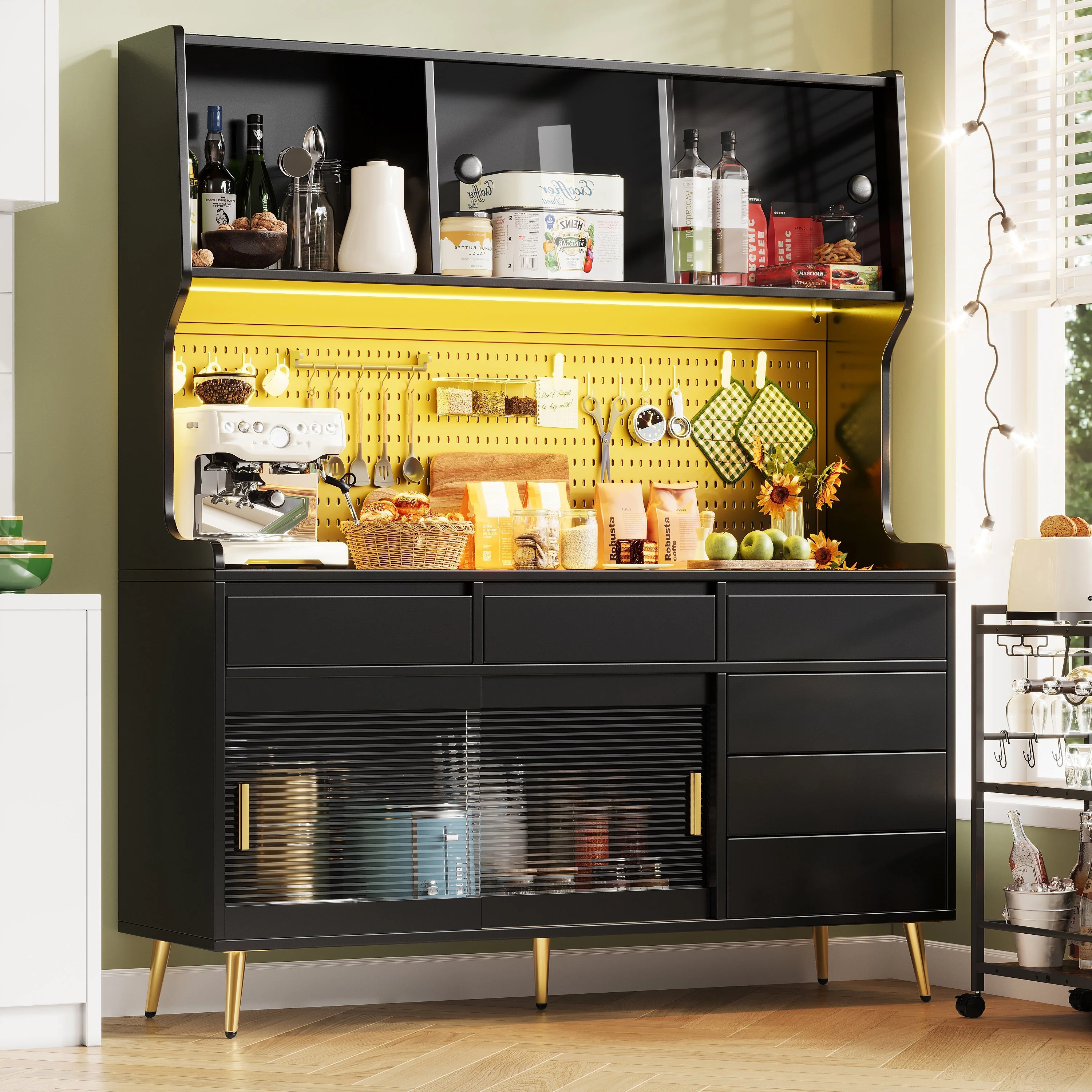 Modern Tall Cabinet with LED & App Control, Drawer, Pegboard Storage - Black - Image 5