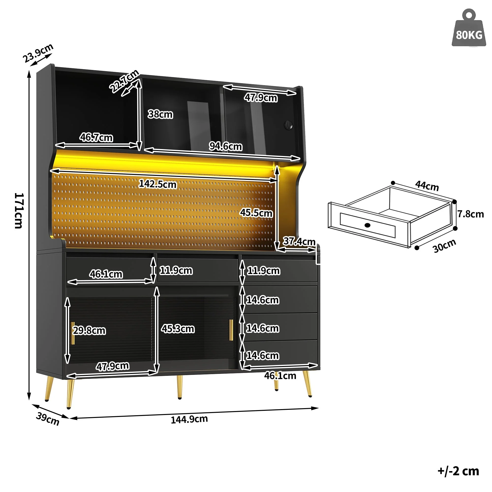 Modern Tall Cabinet with LED & App Control, Drawer, Pegboard Storage - Black - Image 7