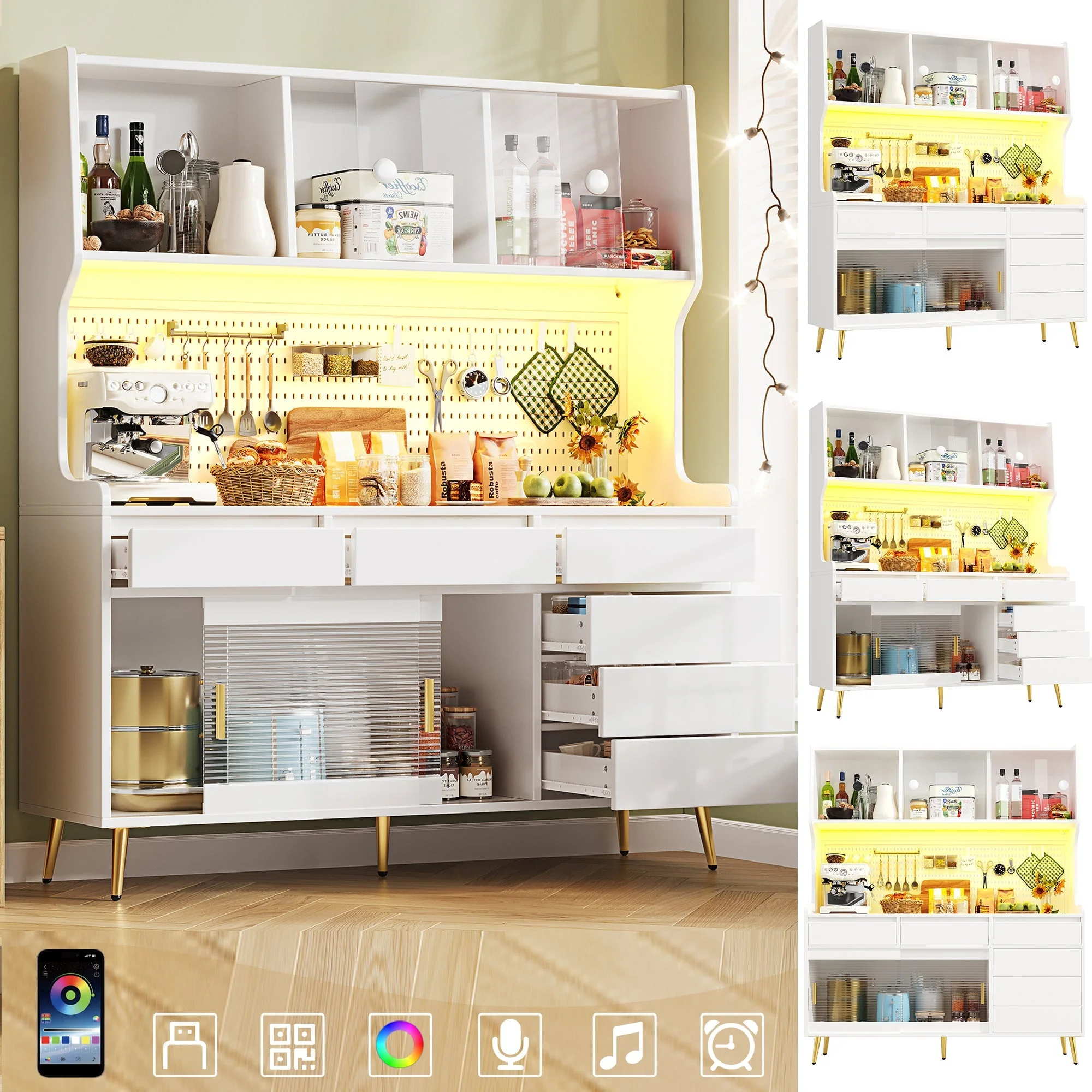 Modern Tall Cabinet with LED & App Control, Pegboard Storage - White