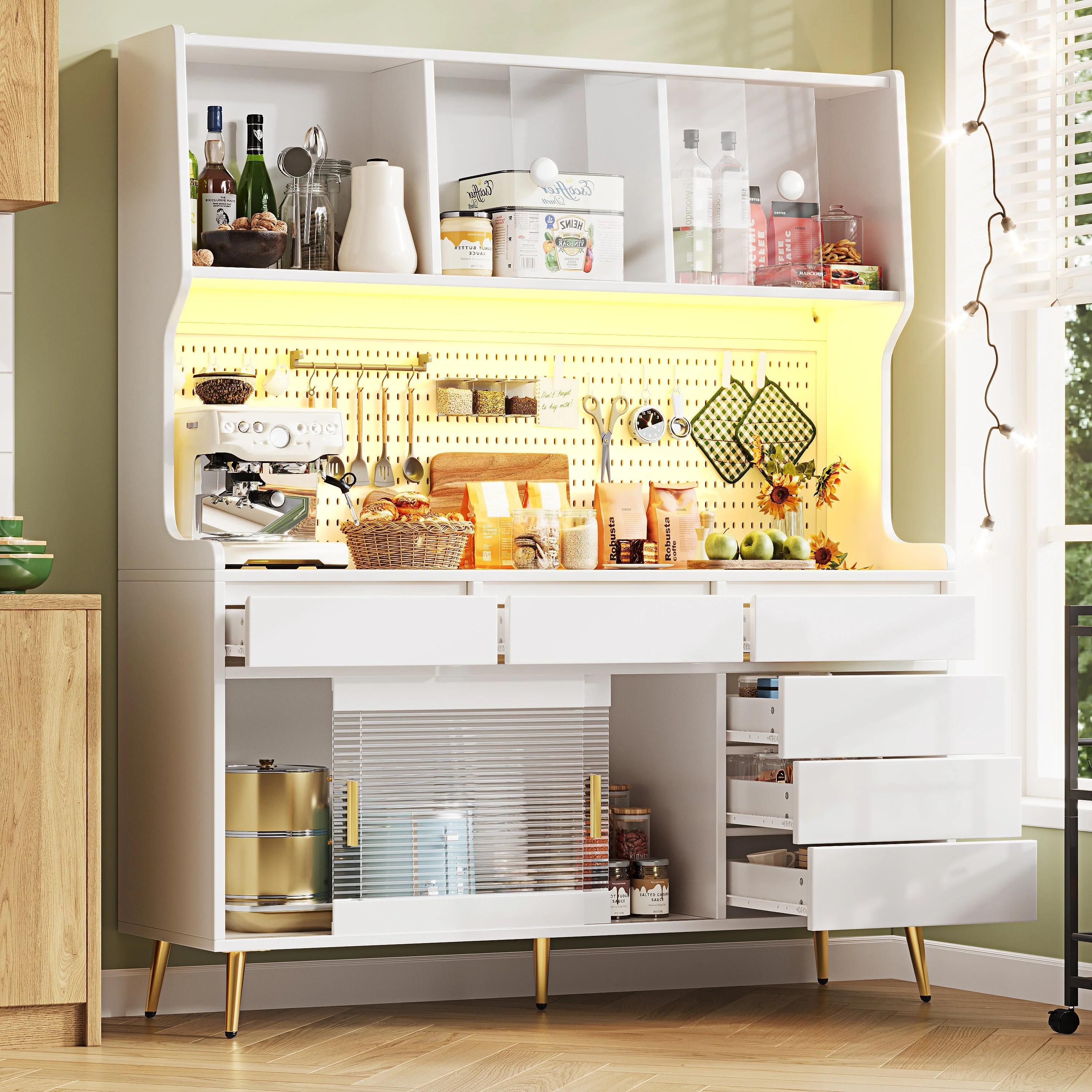 Modern Tall Cabinet with LED & App Control, Pegboard Storage - White - Image 3