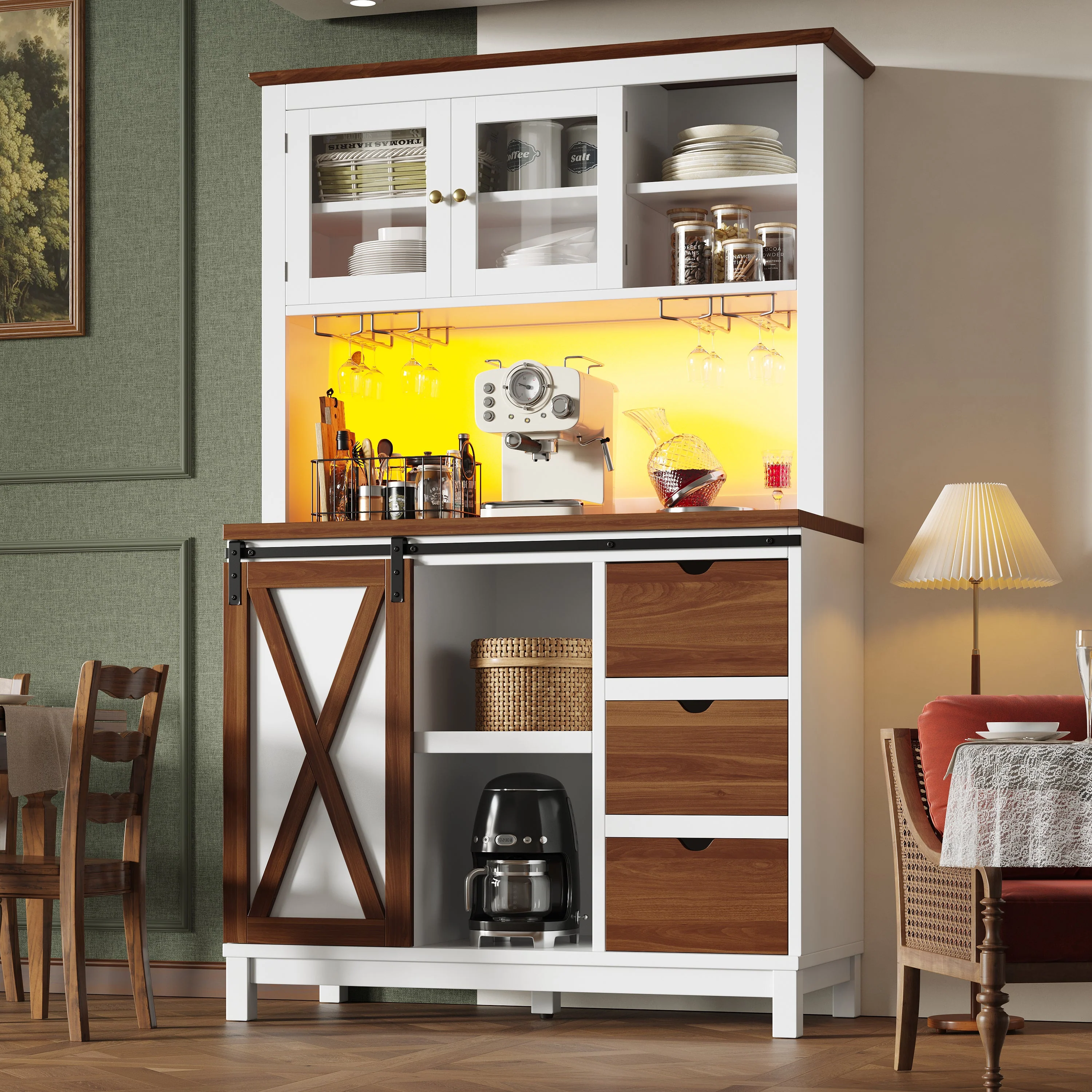Modern Tall Cabinet with LED Lighting, App Control and Sliding Door, White - Image 6