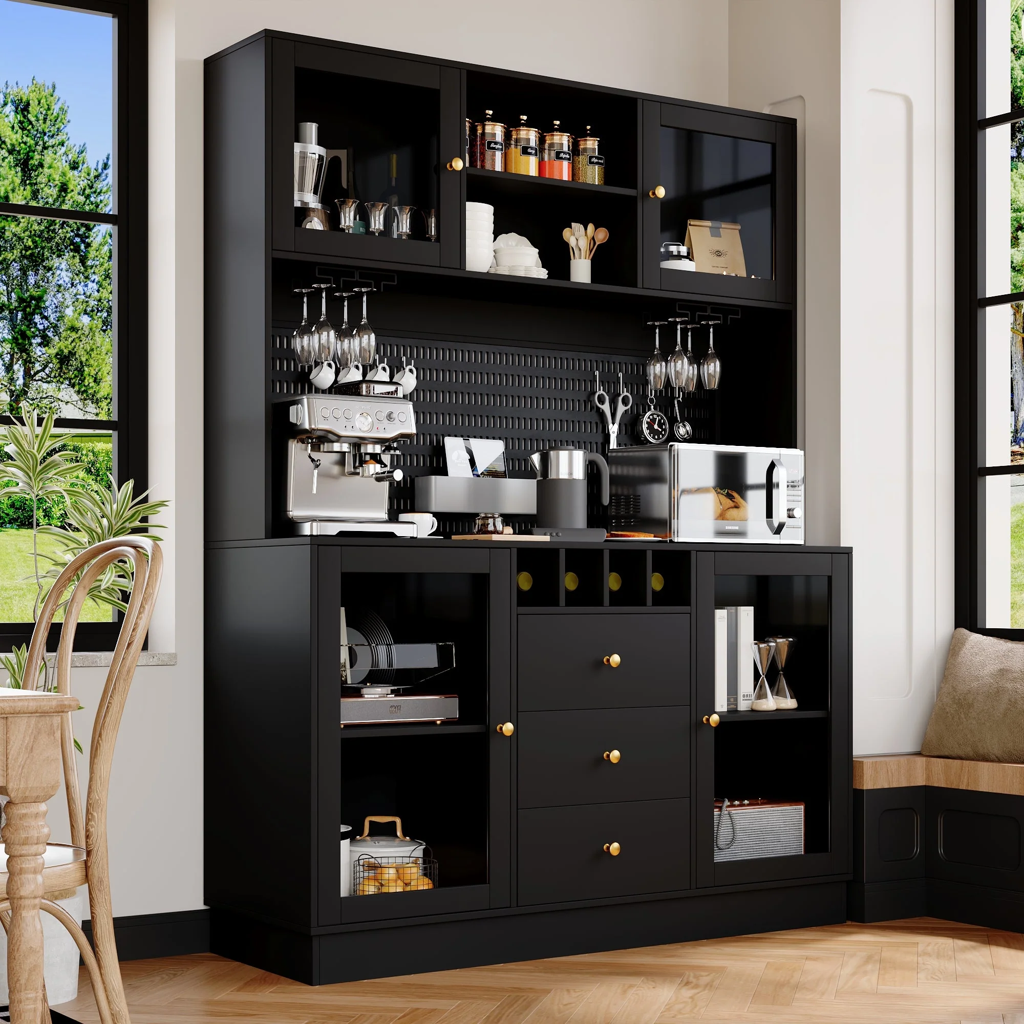 Modern Tall Cabinet with Smart LED Lighting, Wine Rack and Adjustable Shelves, Black - Image 5
