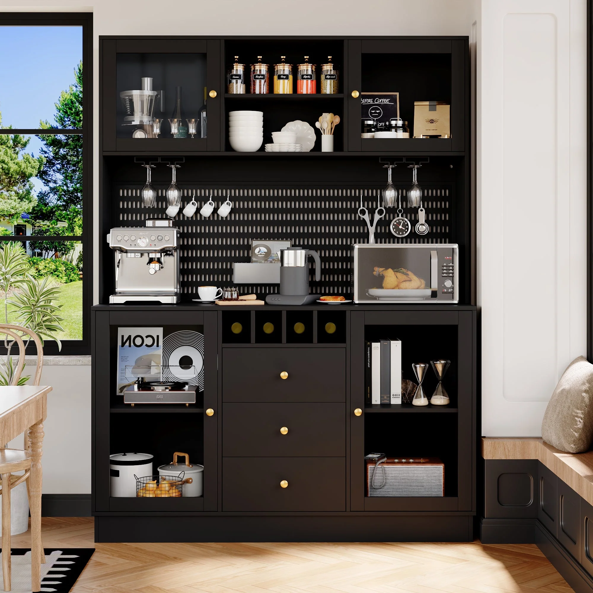 Modern Tall Cabinet with Smart LED Lighting, Wine Rack and Adjustable Shelves, Black - Image 6