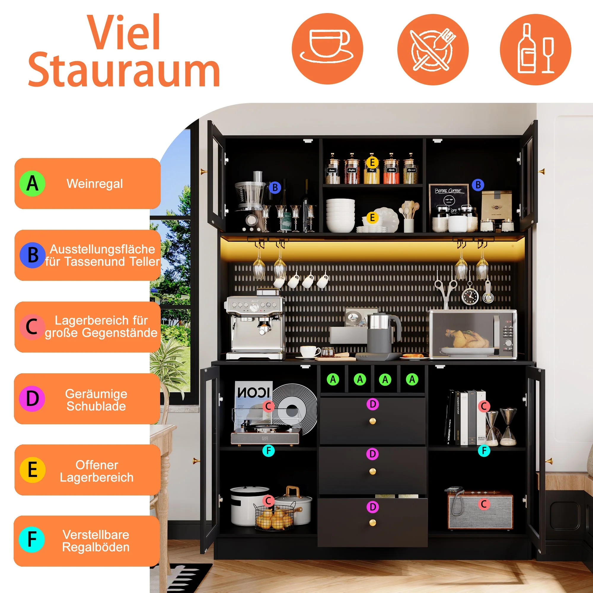 Modern Tall Cabinet with Smart LED Lighting, Wine Rack and Adjustable Shelves, Black - Image 8