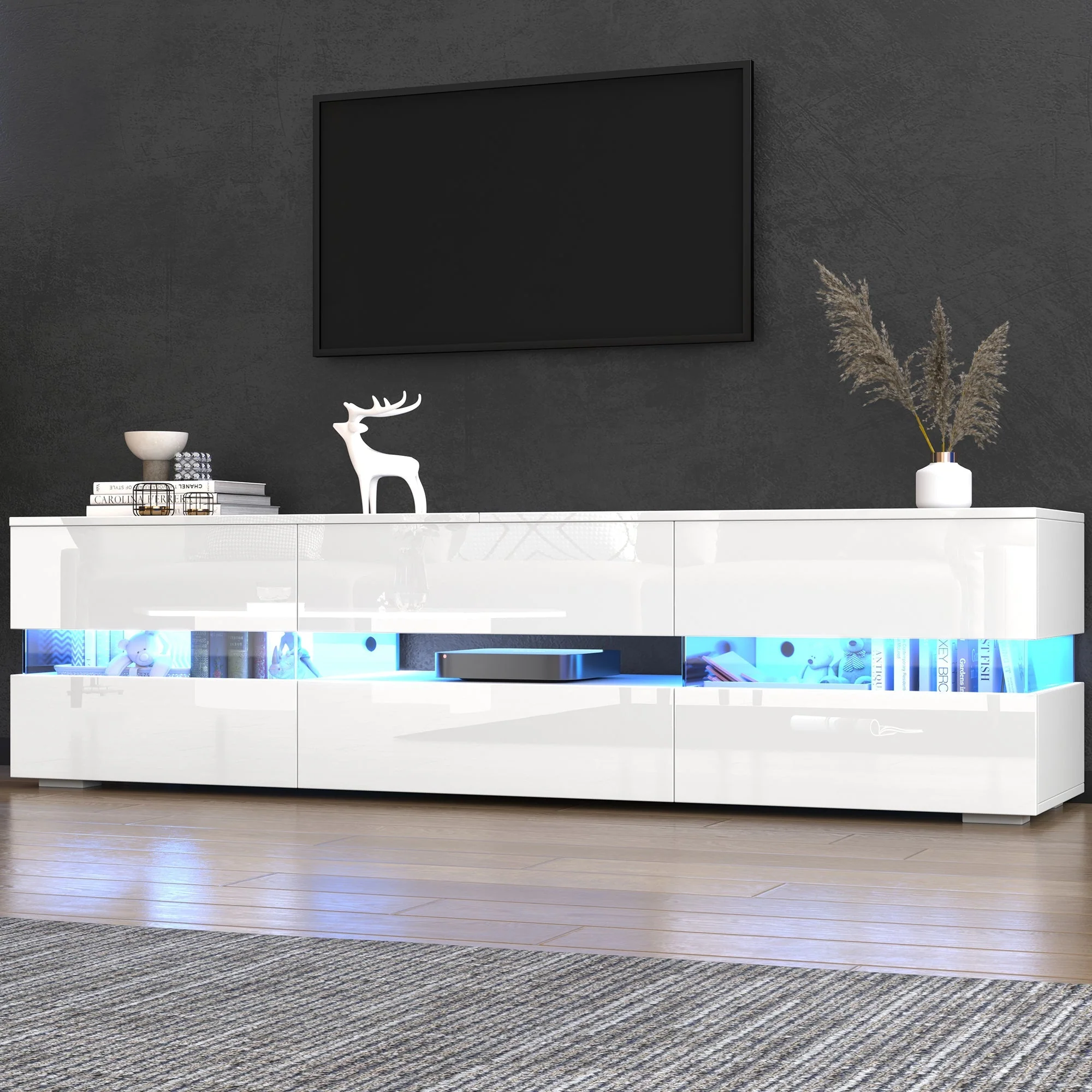 Modern TV Cabinet 160cm LED Storage for 70-inch TVs High-Gloss White - Image 5