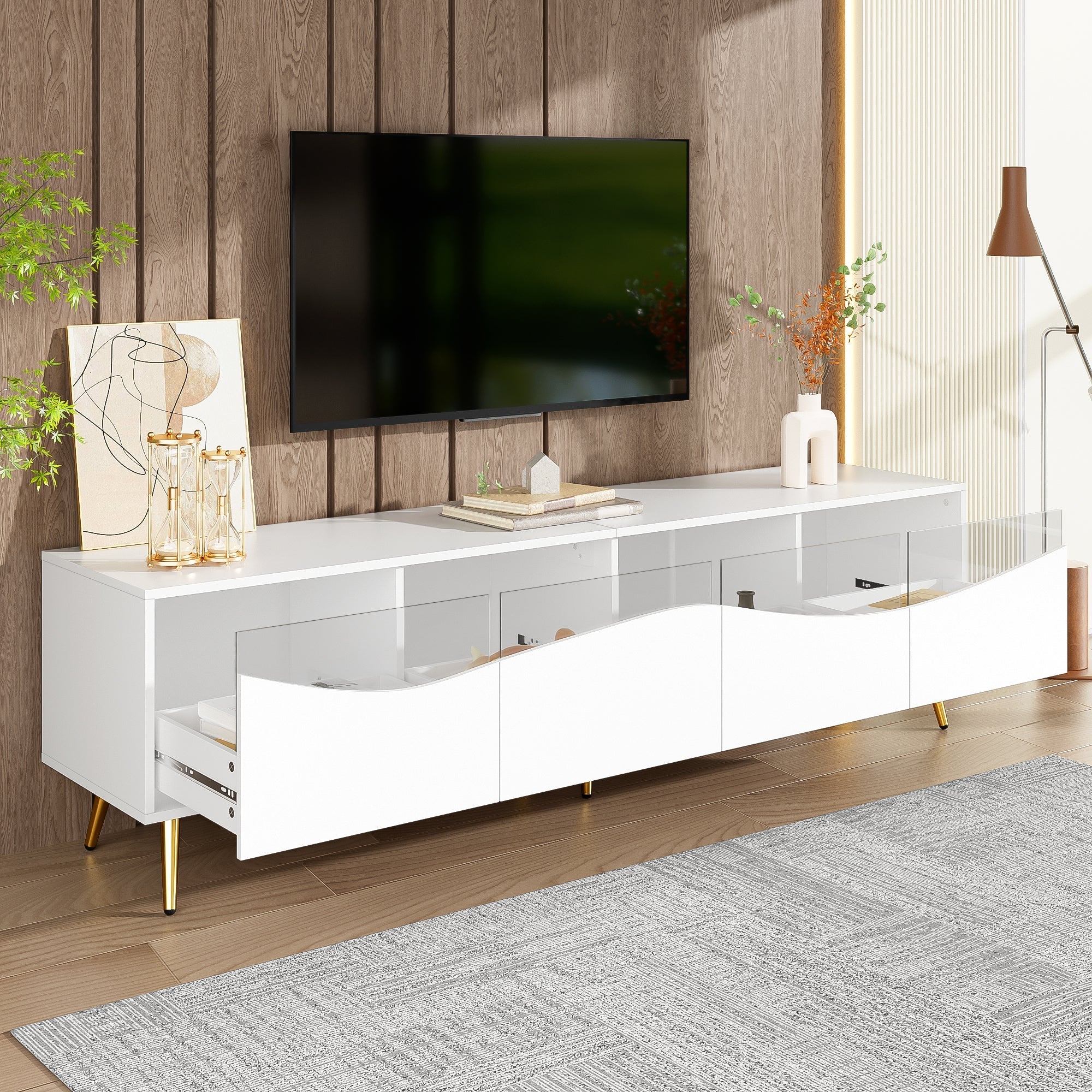 Modern TV Cabinet 180x50cm LED Lighting Glass Front Storage Lowboard White Gold Metal - Image 3