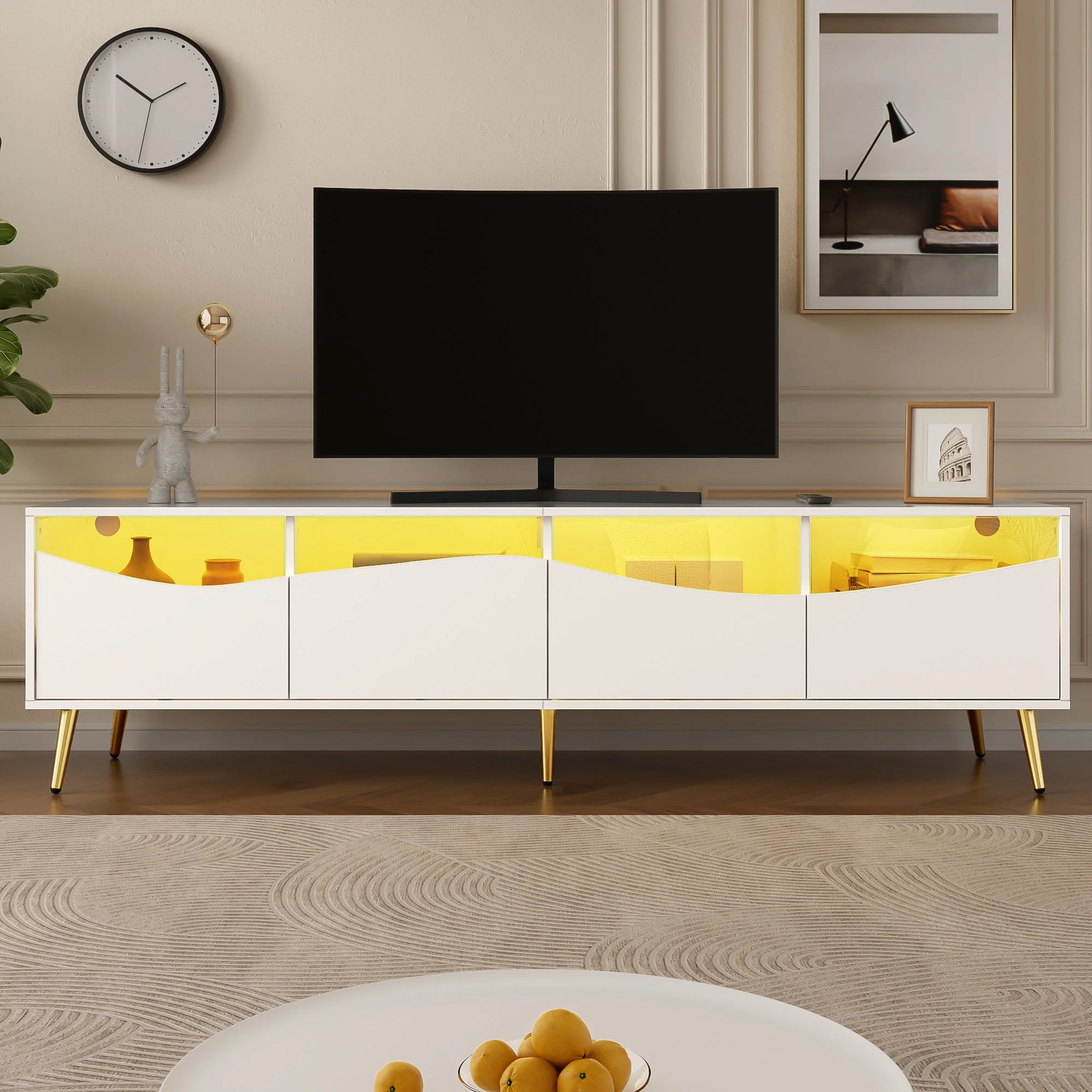 Modern TV Cabinet 180x50cm LED Lighting Glass Front Storage Lowboard White Gold Metal - Image 7