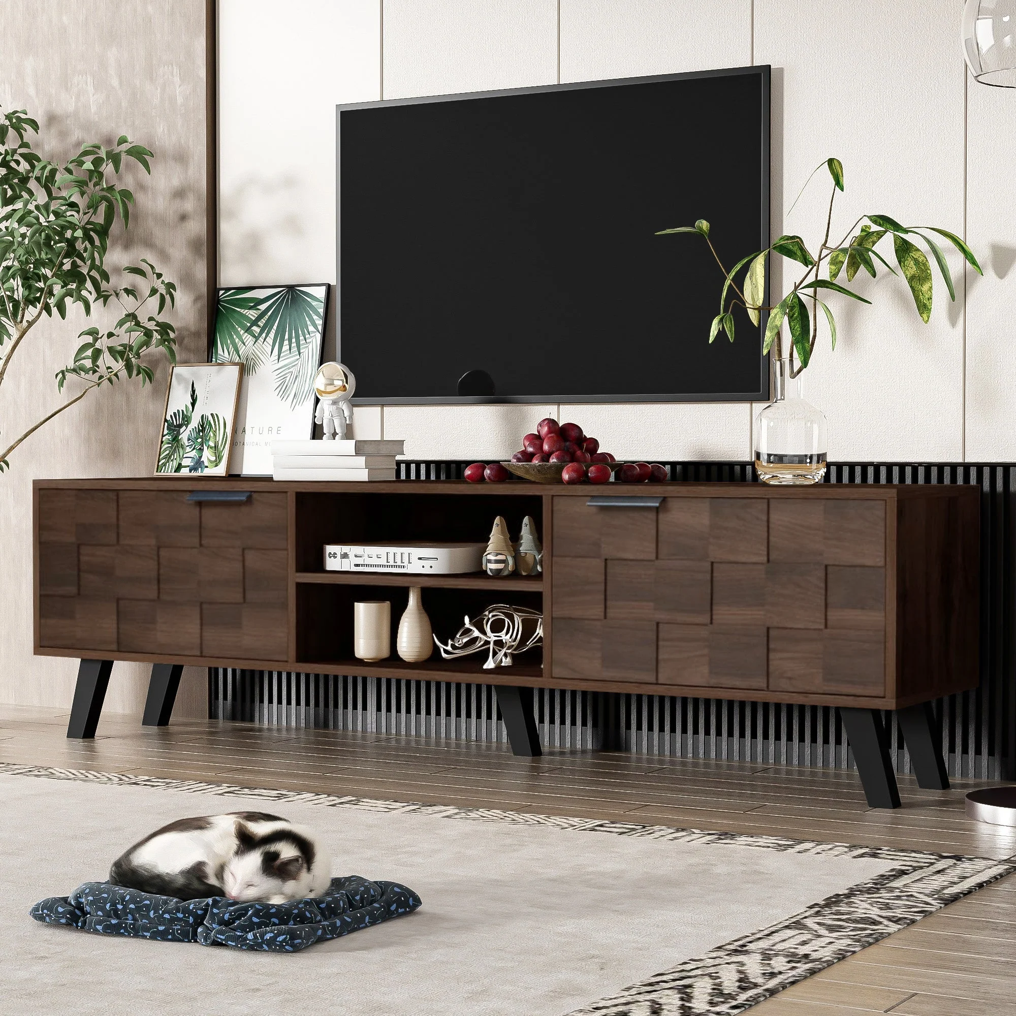 Modern TV Cabinet 2 Doors 2 Open Compartments 160.5cm - Dark Wood Grain - Image 7