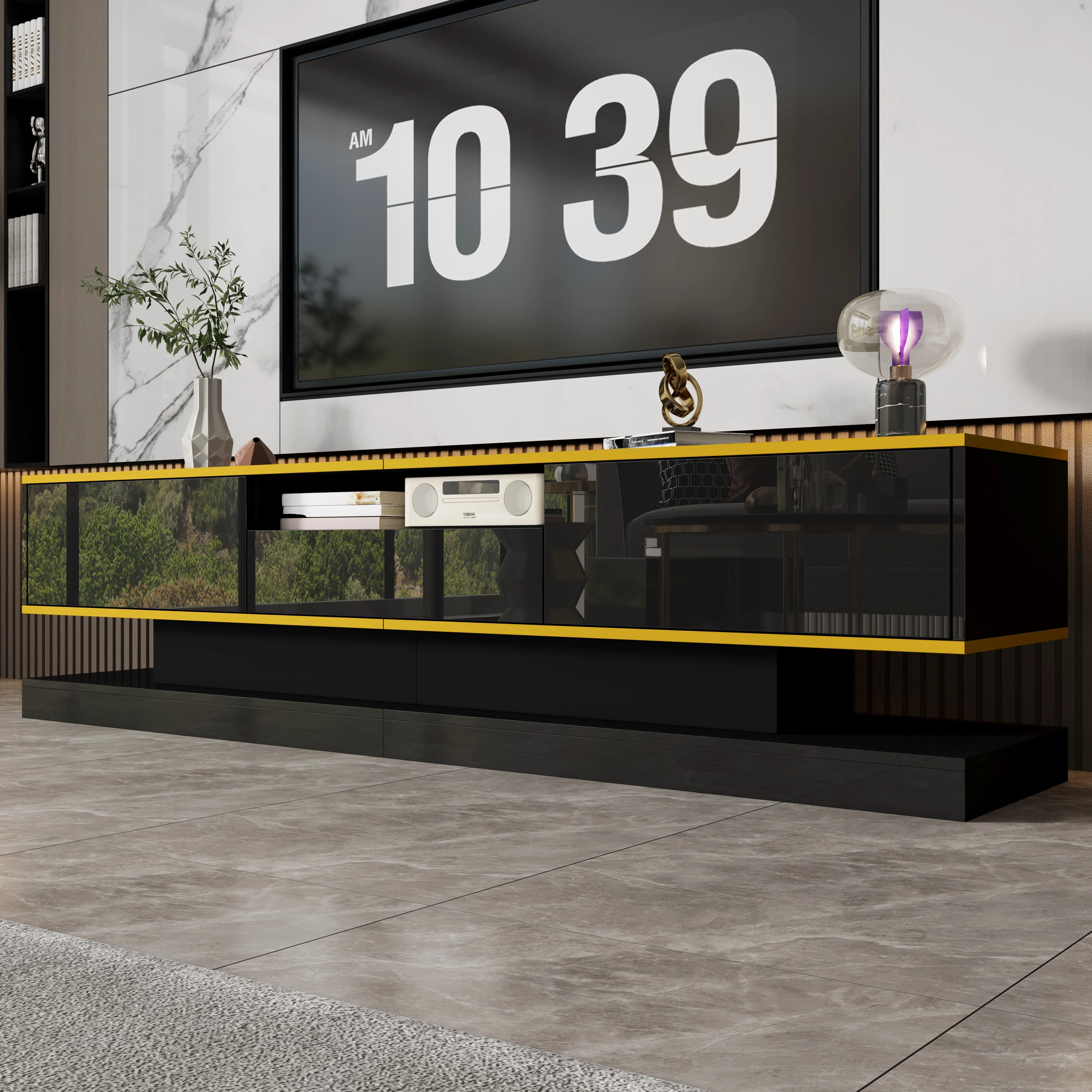 Modern TV Cabinet, 3 Drawers Open Compartment LED Lights 180cm, High-Gloss - Image 8
