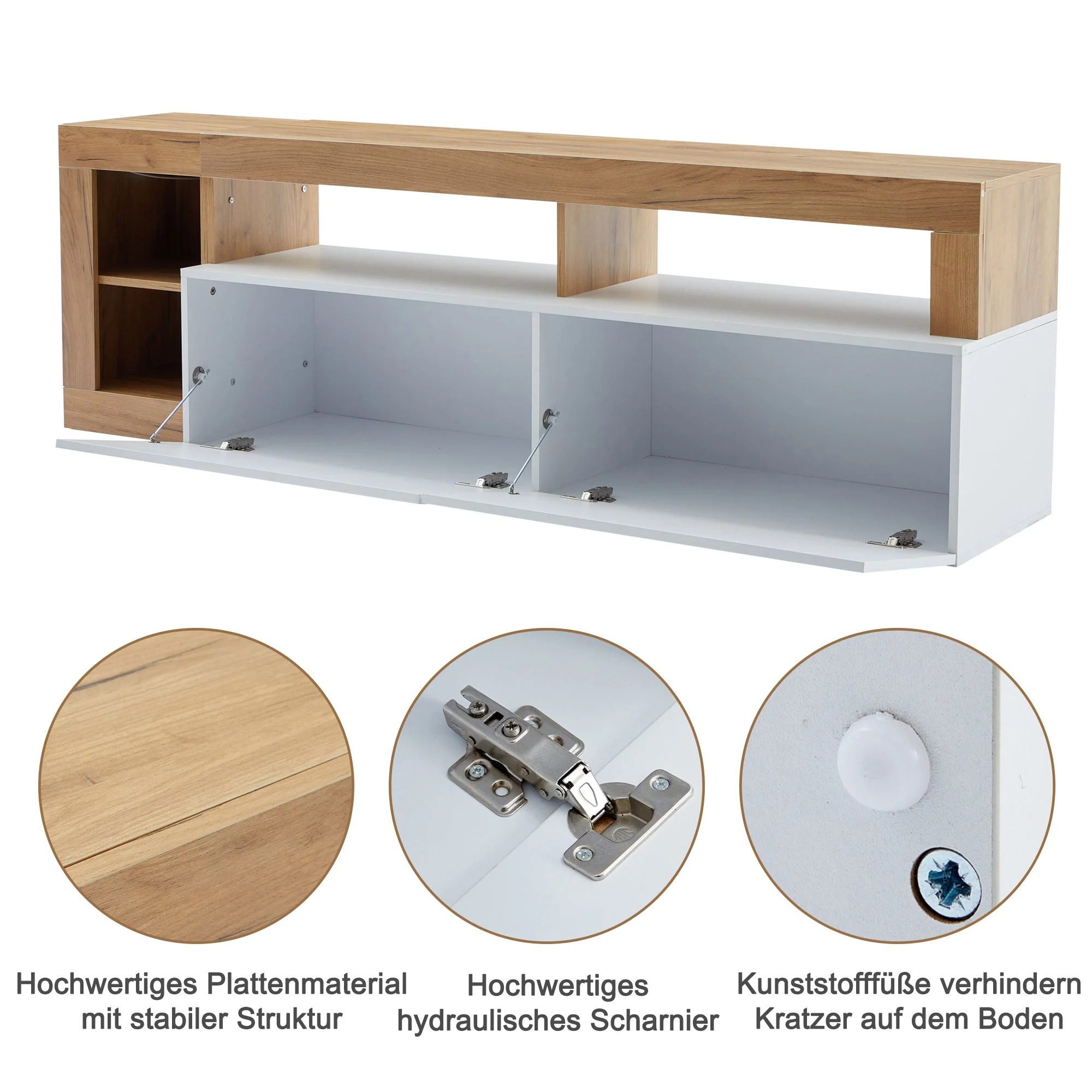 Modern TV Cabinet, 80 Inch, Open Storage, LED Light, Wooden Frame White - Image 4