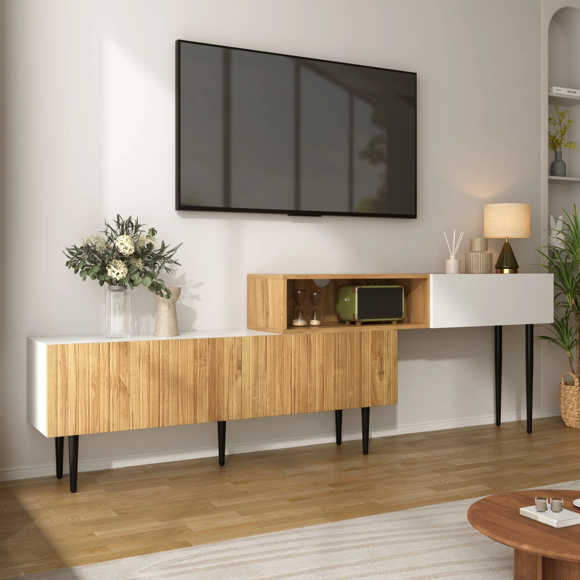 Modern TV Cabinet, adjustable length, modular 2-piece, wood look + matt white, black metal legs