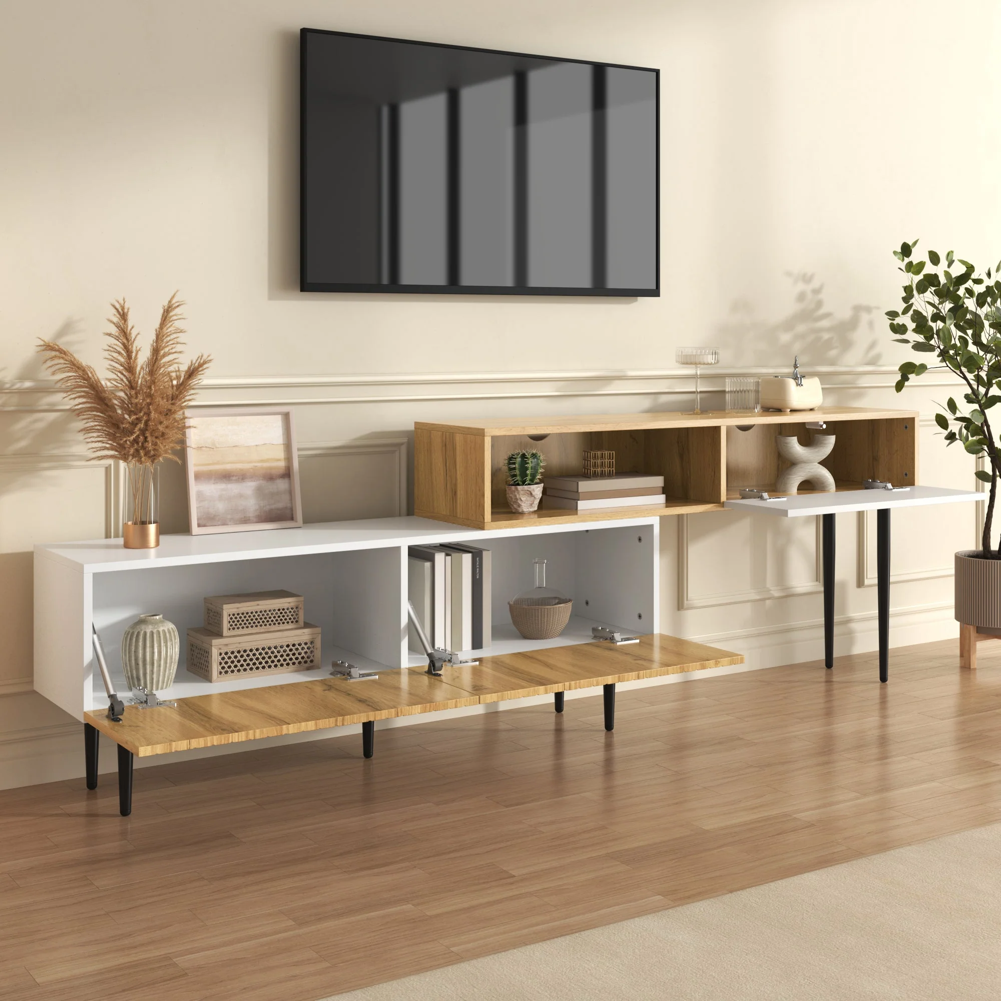 Modern TV Cabinet, adjustable length, modular 2-piece, wood look + matt white, black metal legs - Image 10