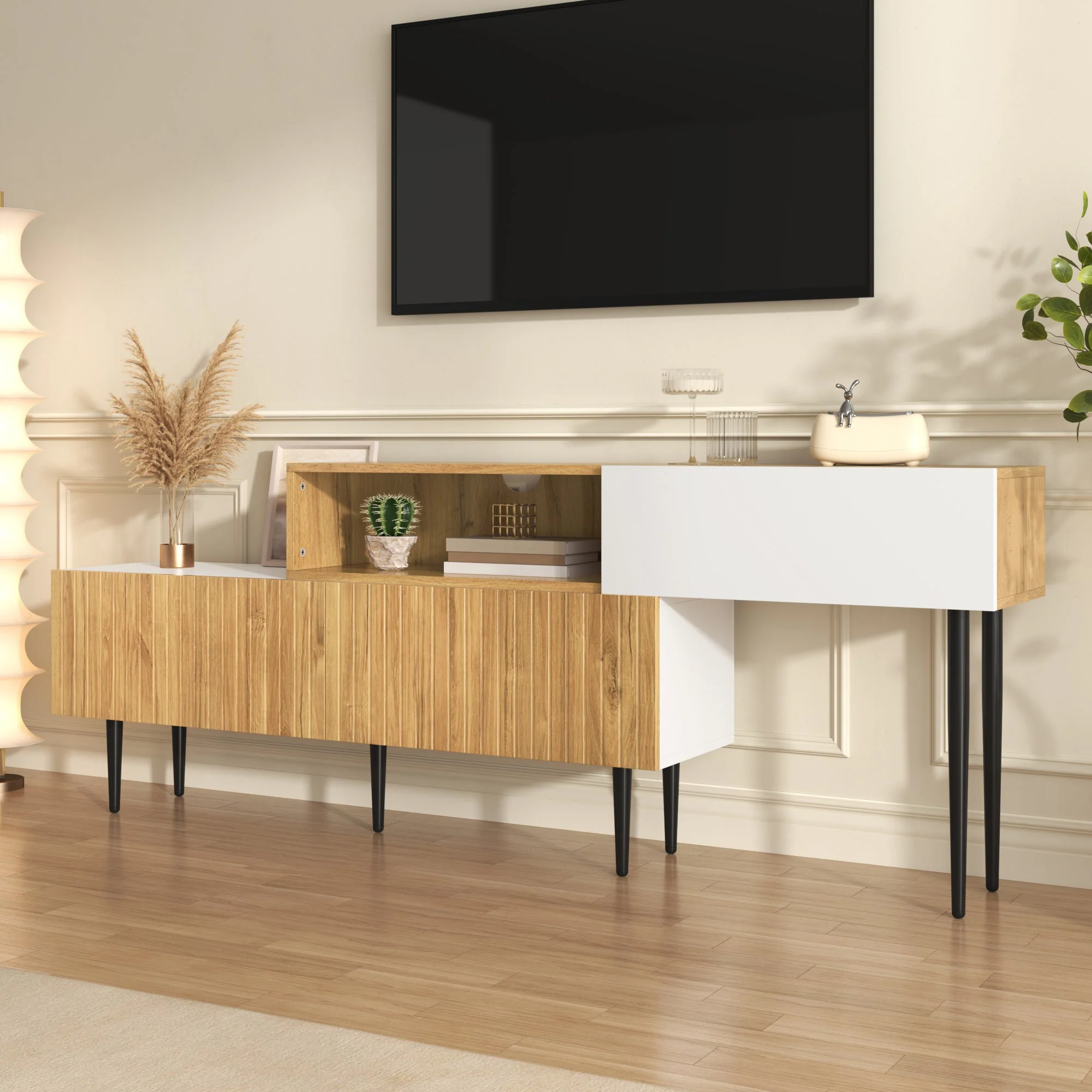 Modern TV Cabinet, adjustable length, modular 2-piece, wood look + matt white, black metal legs - Image 11