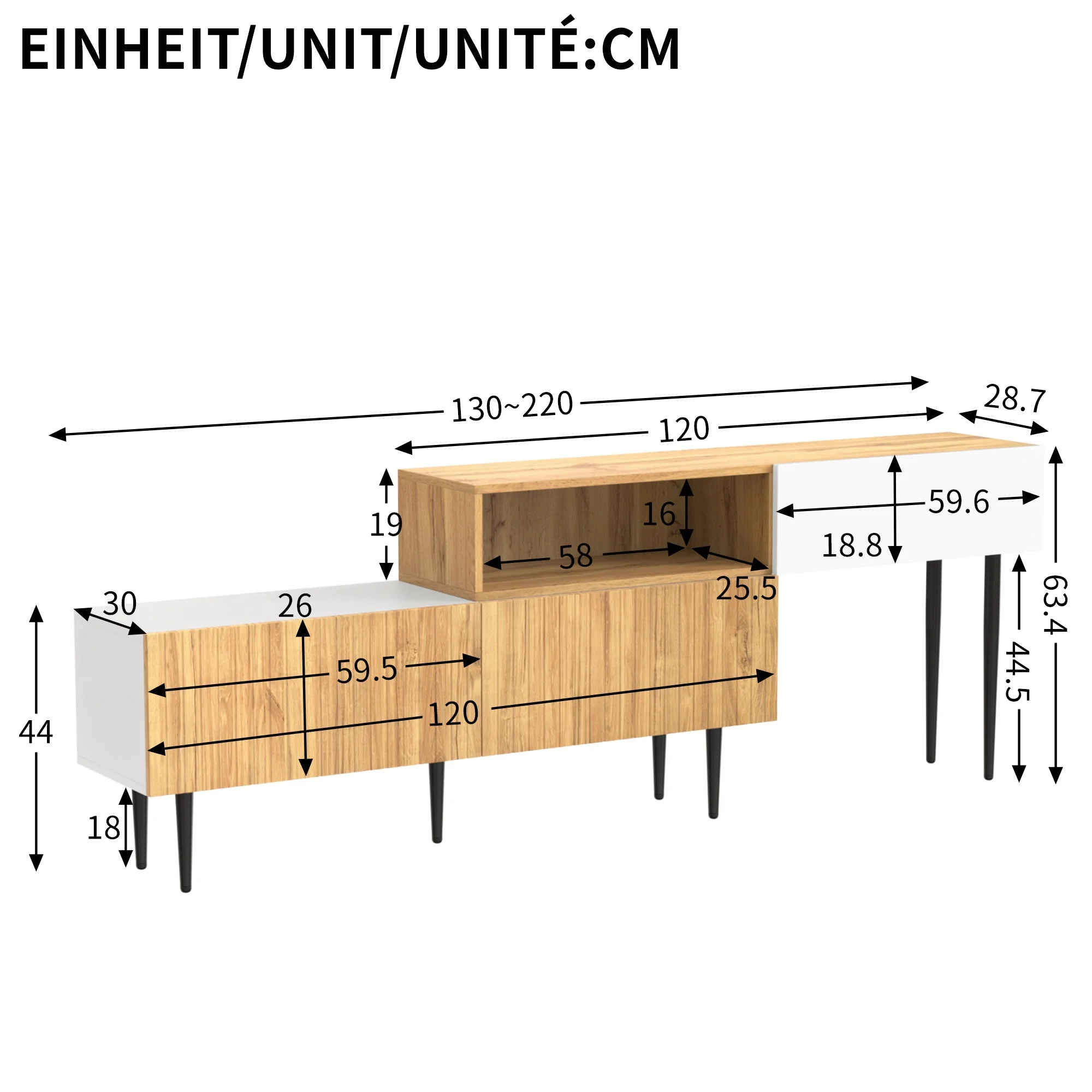 Modern TV Cabinet, adjustable length, modular 2-piece, wood look + matt white, black metal legs - Image 7