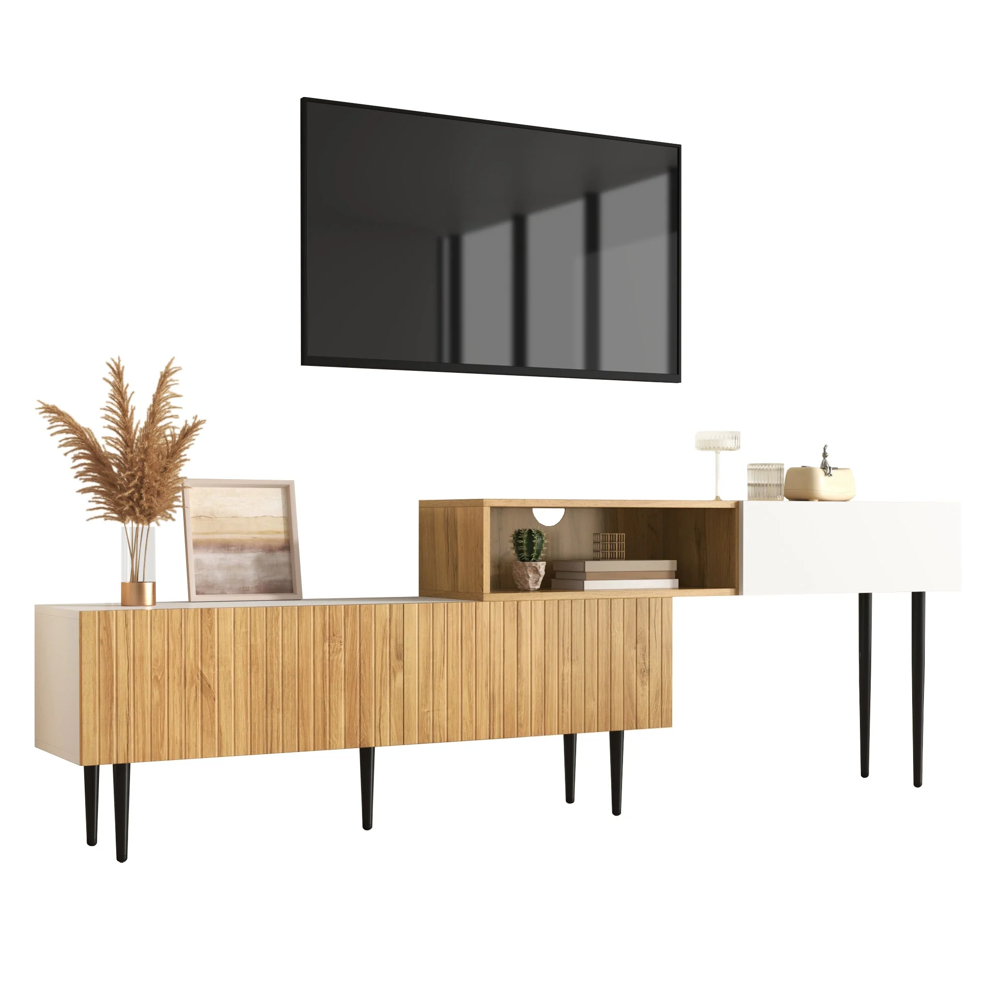 Modern TV Cabinet, adjustable length, modular 2-piece, wood look + matt white, black metal legs - Image 8