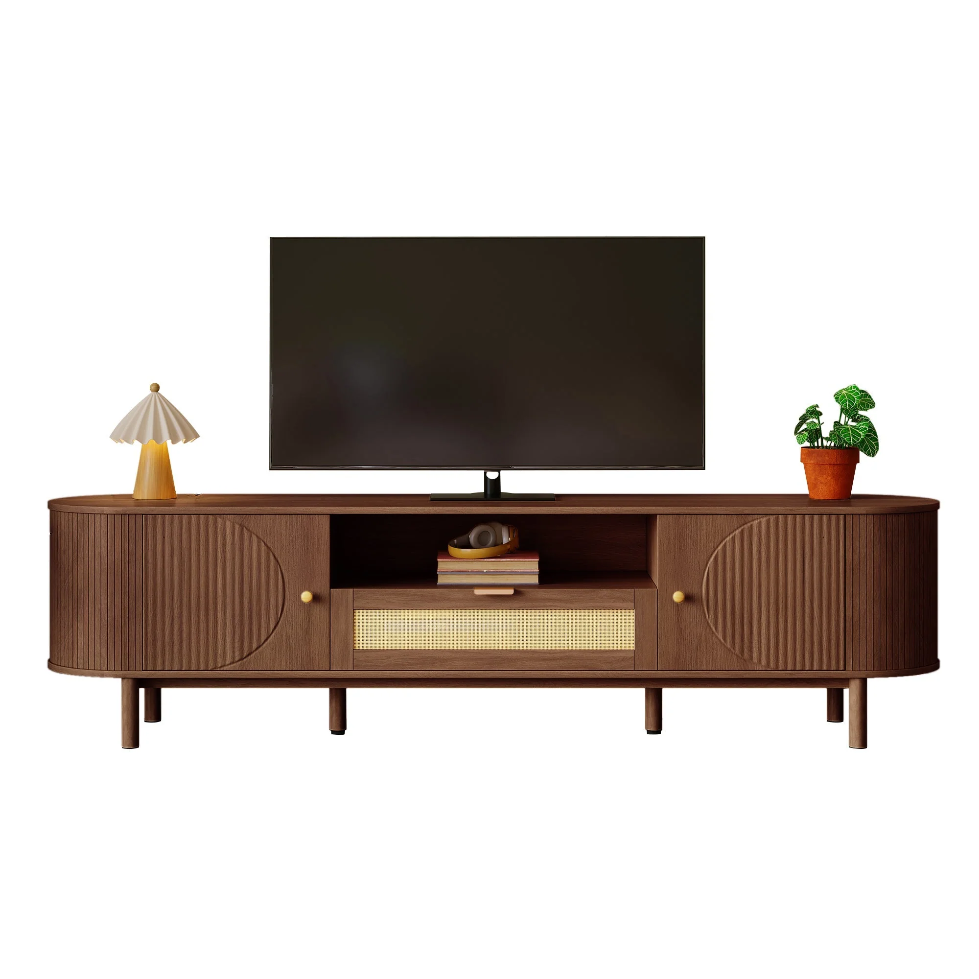 Modern TV Cabinet Rattan Drawers Open Shelves Rounded Top Wood Look Metal Legs - Image 2