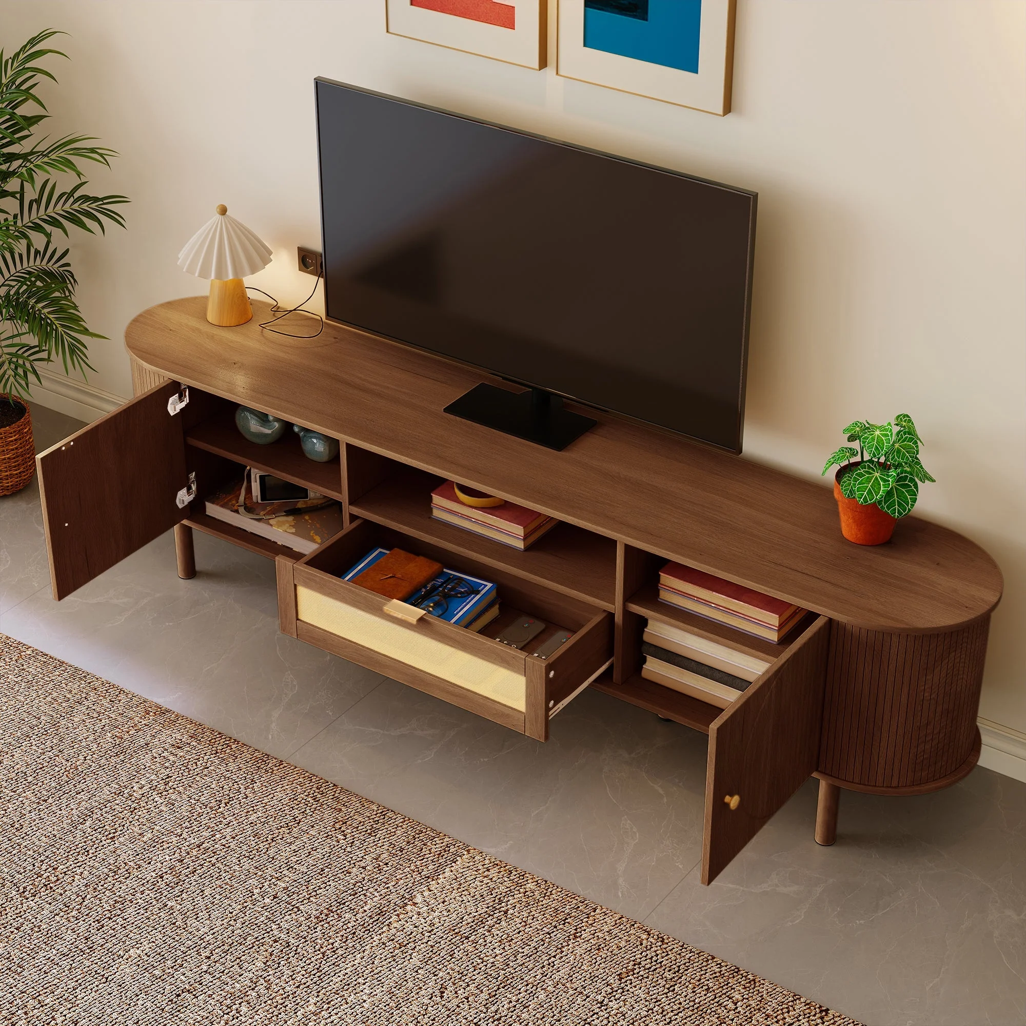 Modern TV Cabinet Rattan Drawers Open Shelves Rounded Top Wood Look Metal Legs - Image 6
