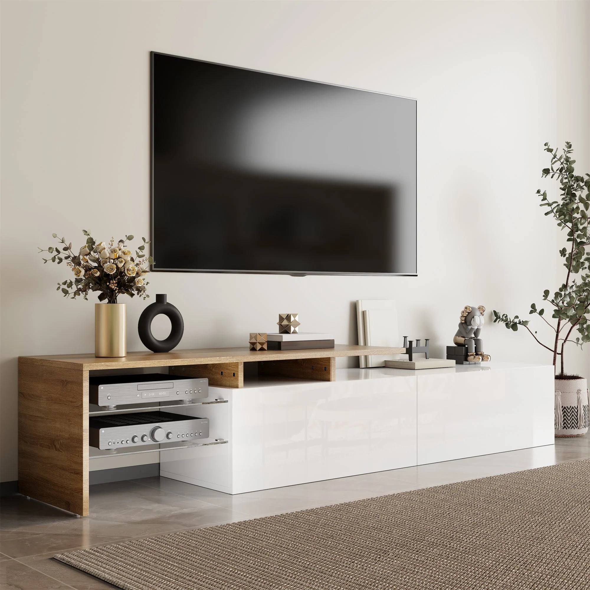 Modern TV Cabinet: Stylish, Elegant, High-Gloss White, Wood Look with Glass Shelves & LED Lighting - Image 4
