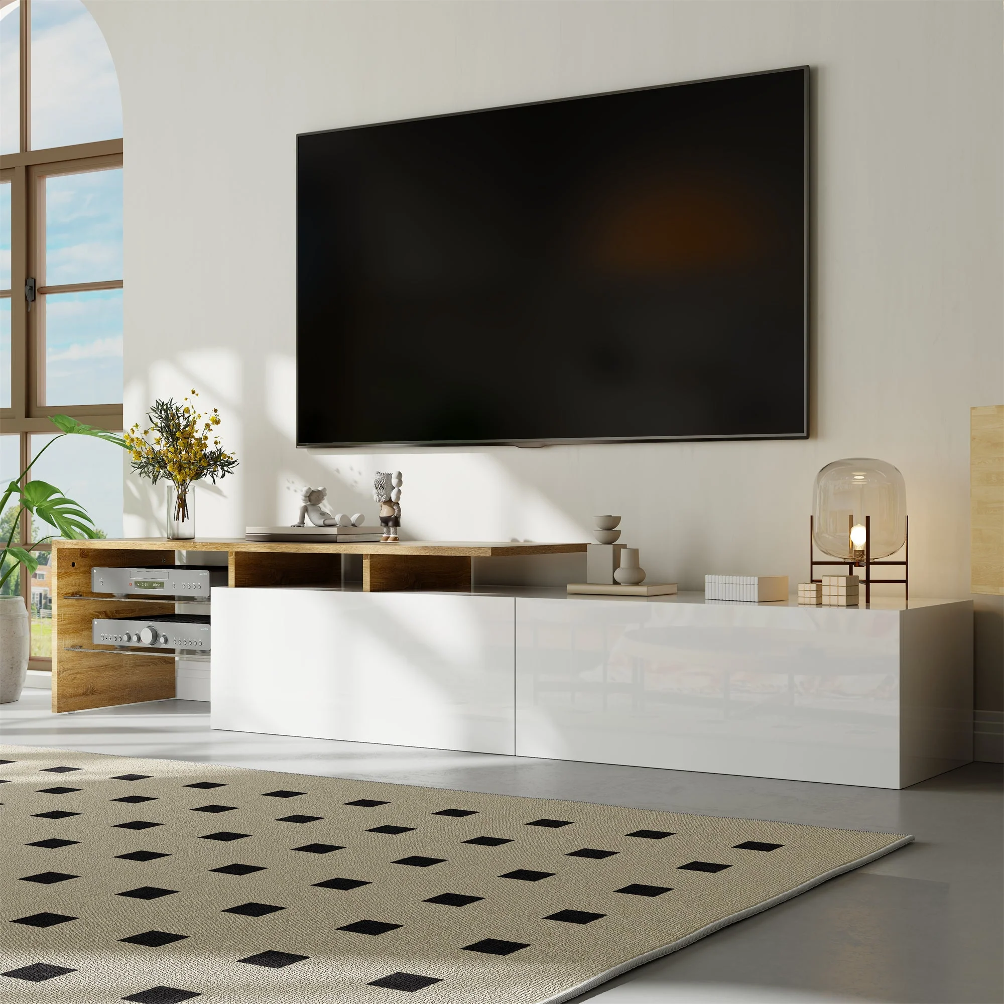 Modern TV Cabinet: Stylish, Elegant, High-Gloss White, Wood Look with Glass Shelves & LED Lighting - Image 6