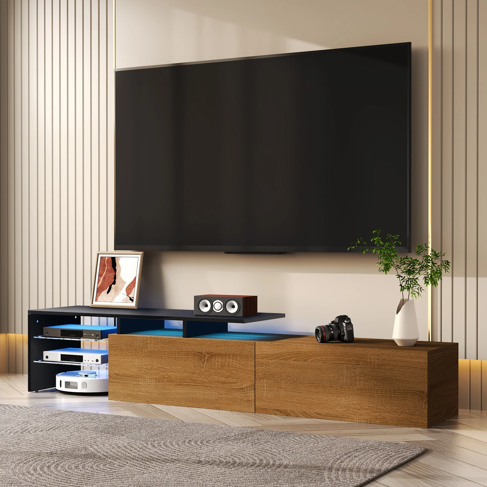 Modern TV Cabinet: Stylish, Elegant, Practical Storage with Glass Shelves, LED Lighting - Black and Wood Look - Image 5