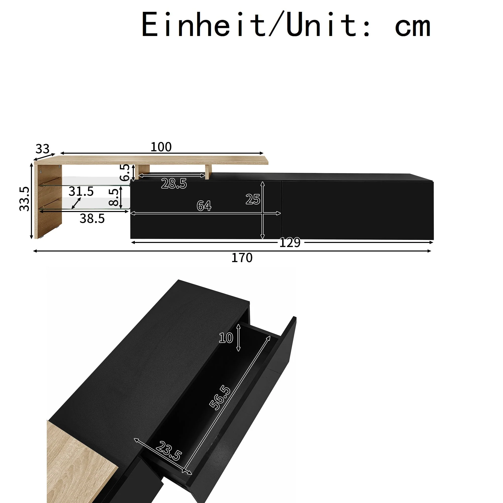 Modern TV Cabinet: Stylish, Elegant, Storage with Glass Shelves, LED Lighting, Black and Wood - Image 5