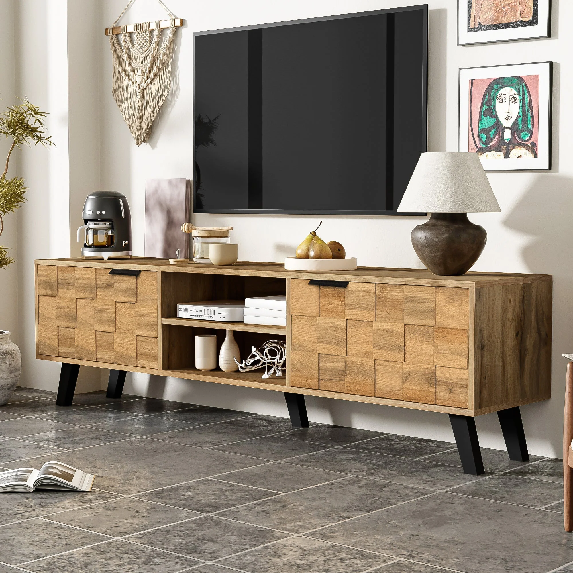 Modern TV Cabinet with 2 Doors, 2 Open Compartments - 160.5 x 35.5 x 45 cm - Image 3