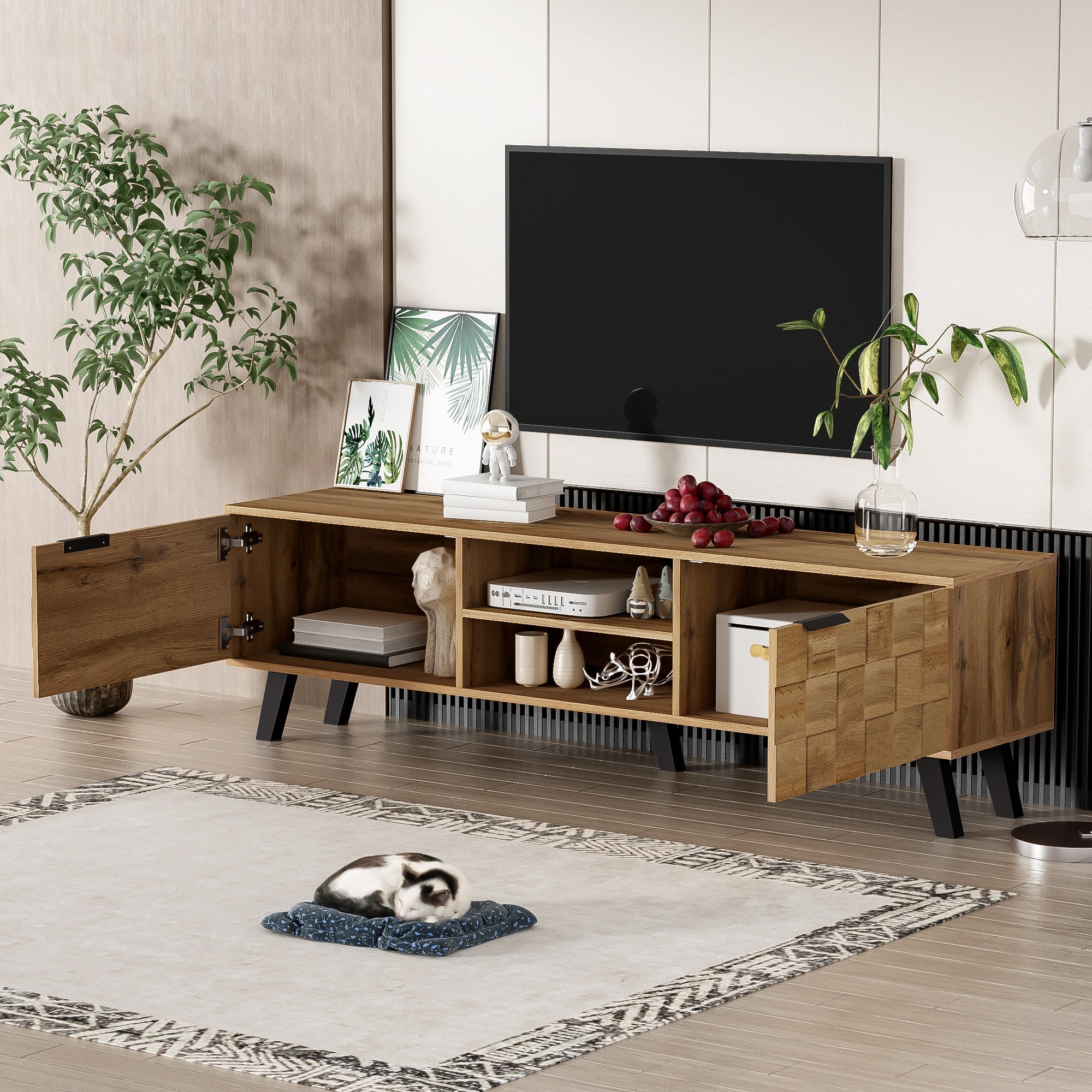 Modern TV Cabinet with 2 Doors, 2 Open Compartments - 160.5 x 35.5 x 45 cm - Image 6