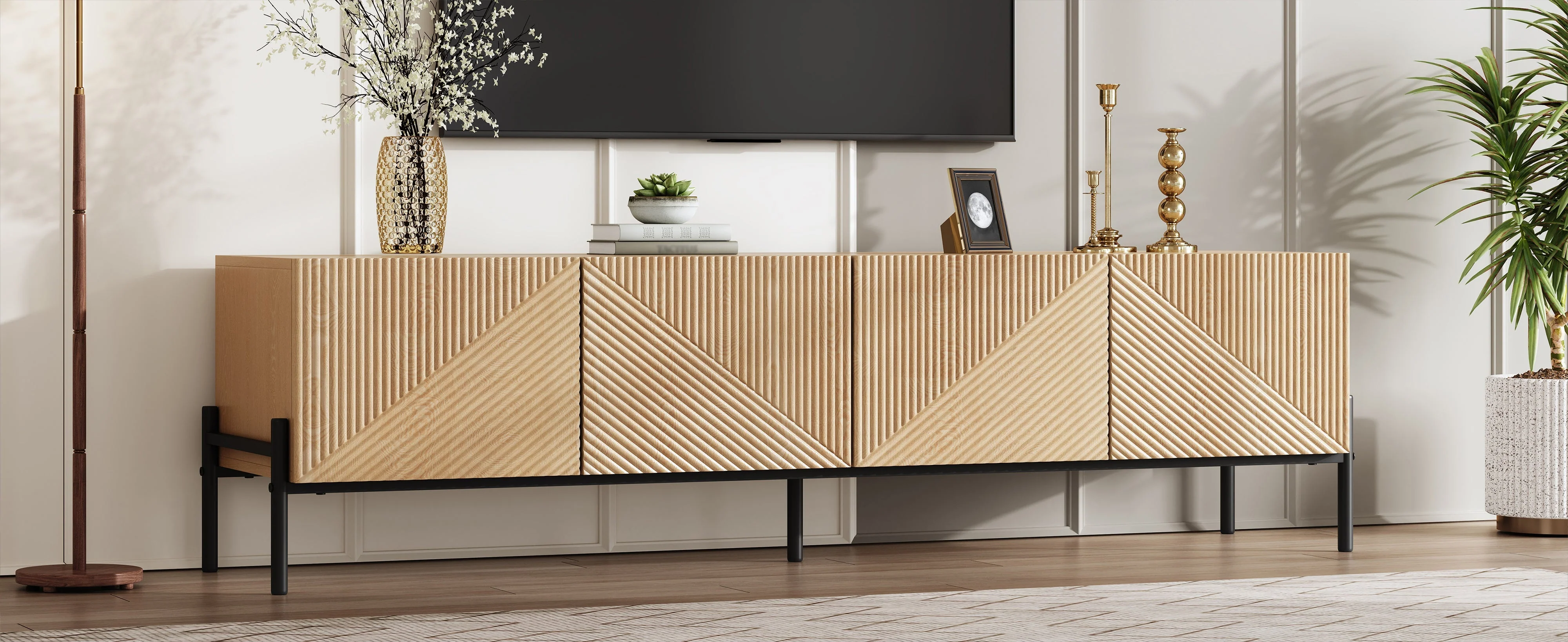 Modern TV Cabinet with 4-Door Storage and 3D Geometric Design, 160cm, Wood and Metal - Image 7