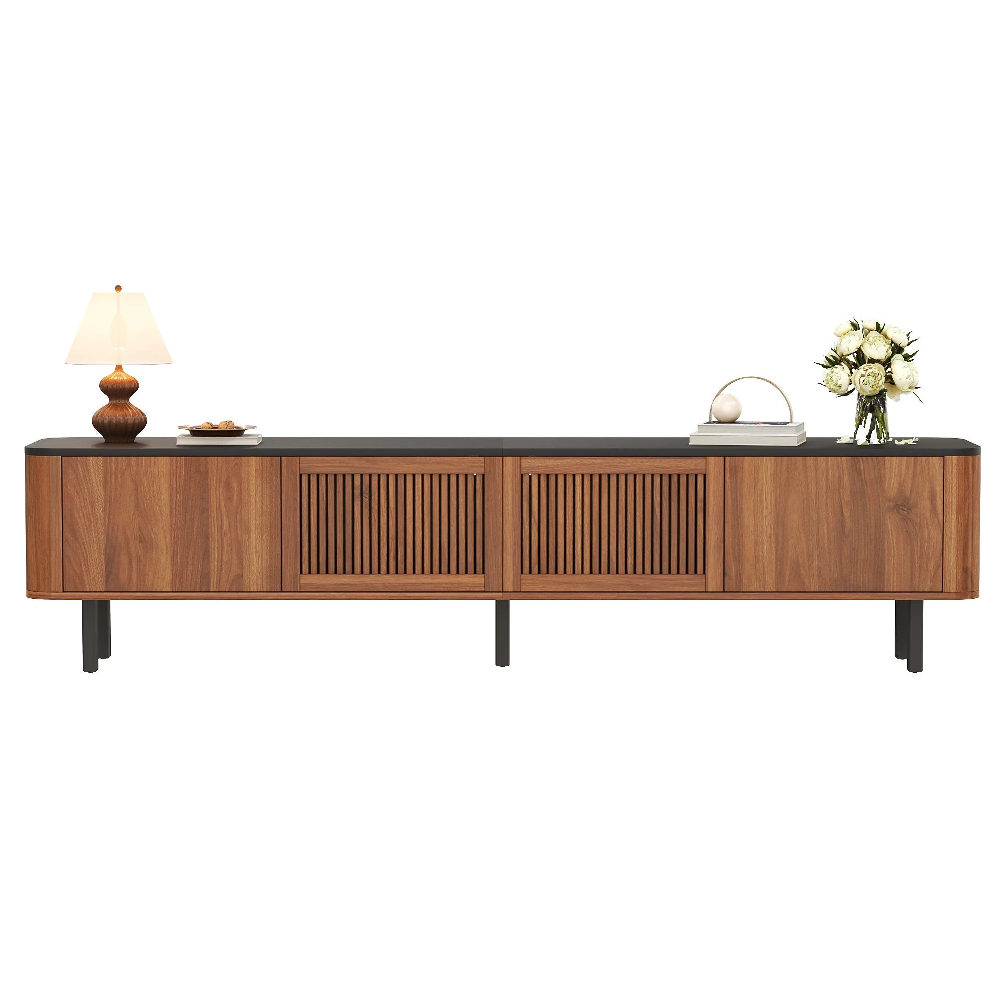 Modern TV Cabinet with Gitter Doors and Storage, Black and Walnut Wood - Image 2