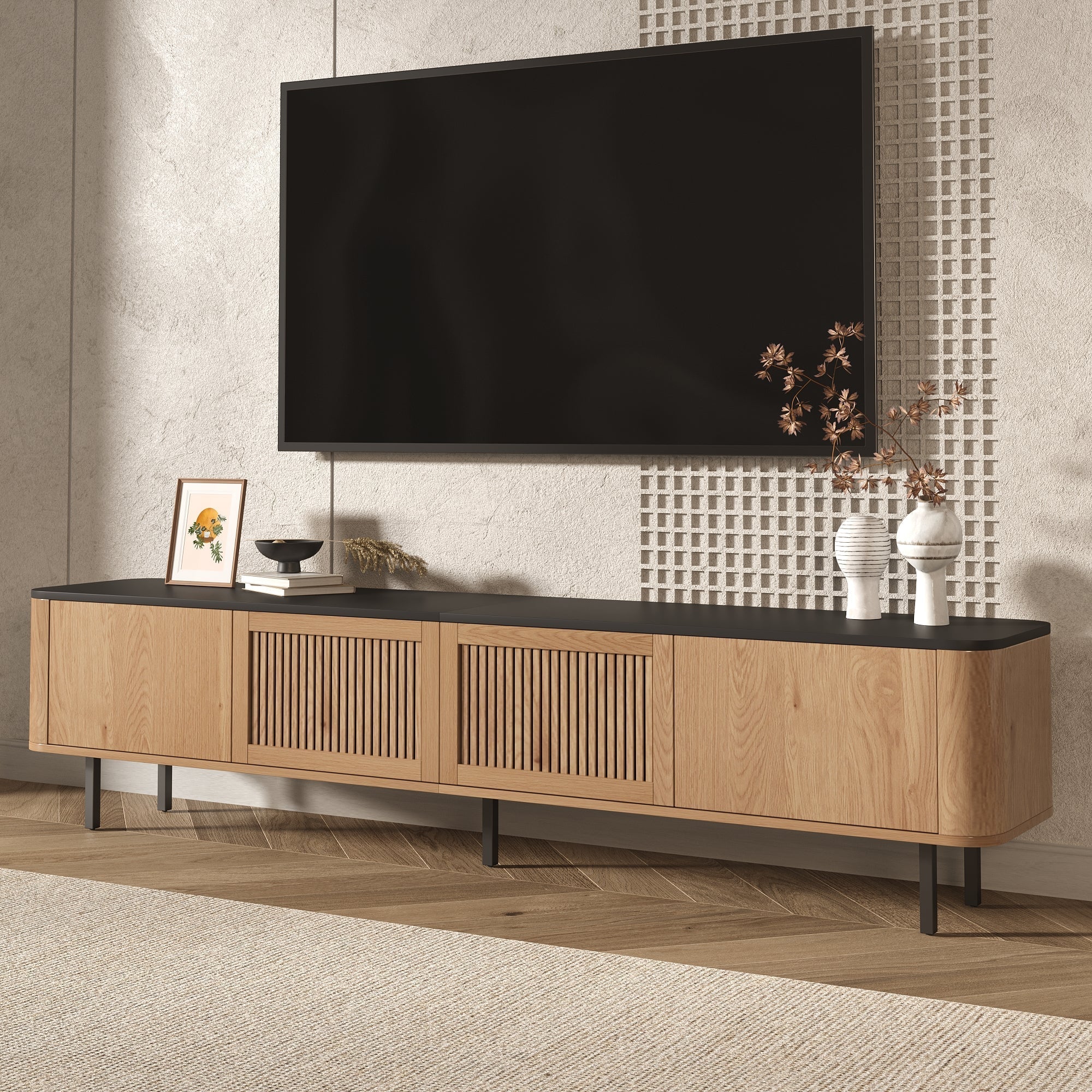 Modern TV Cabinet with Mesh Doors and Storage Compartments, Black and Oak finish - Image 6