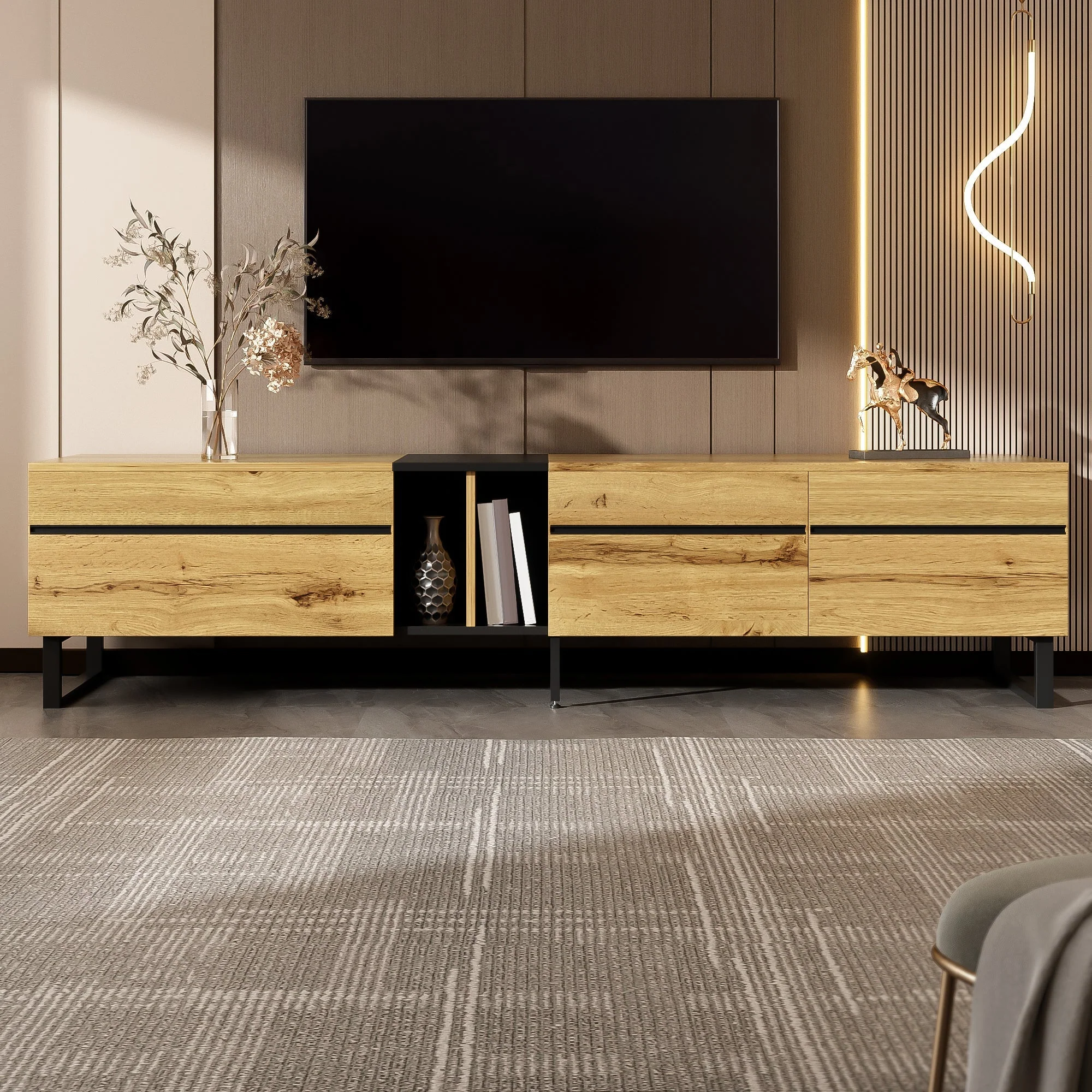 Modern TV Lowboard 180cm Drop-Down Open Shelves Double Doors - Image 4