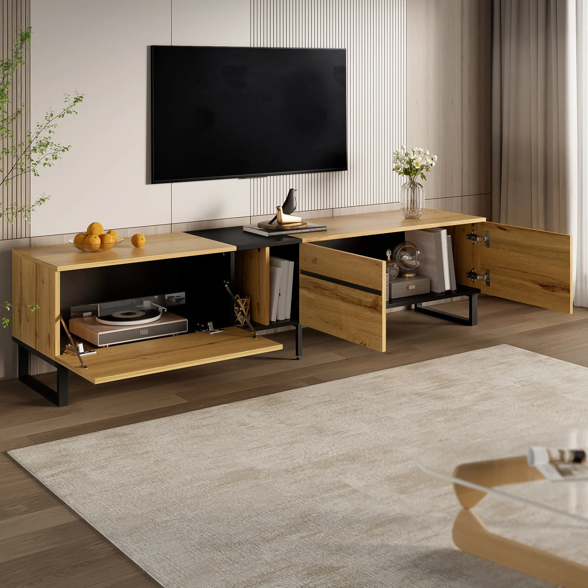 Modern TV Lowboard 180cm Drop-Down Open Shelves Double Doors - Image 6