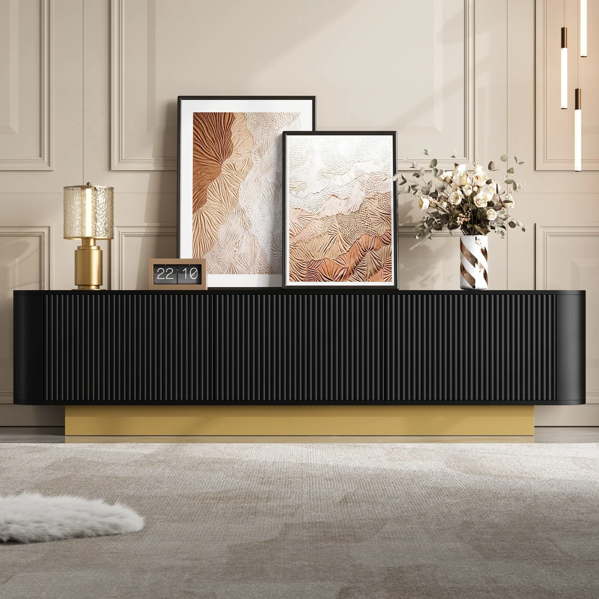 Modern TV Stand with Storage and Textured Front, Black - Image 8