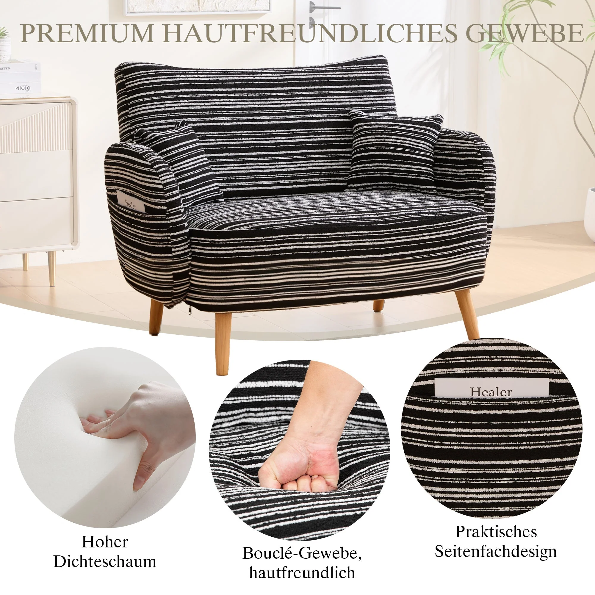 Modern Two-Seater Sofa with Armrest Cushions and Storage Bag, Boucle - Image 2