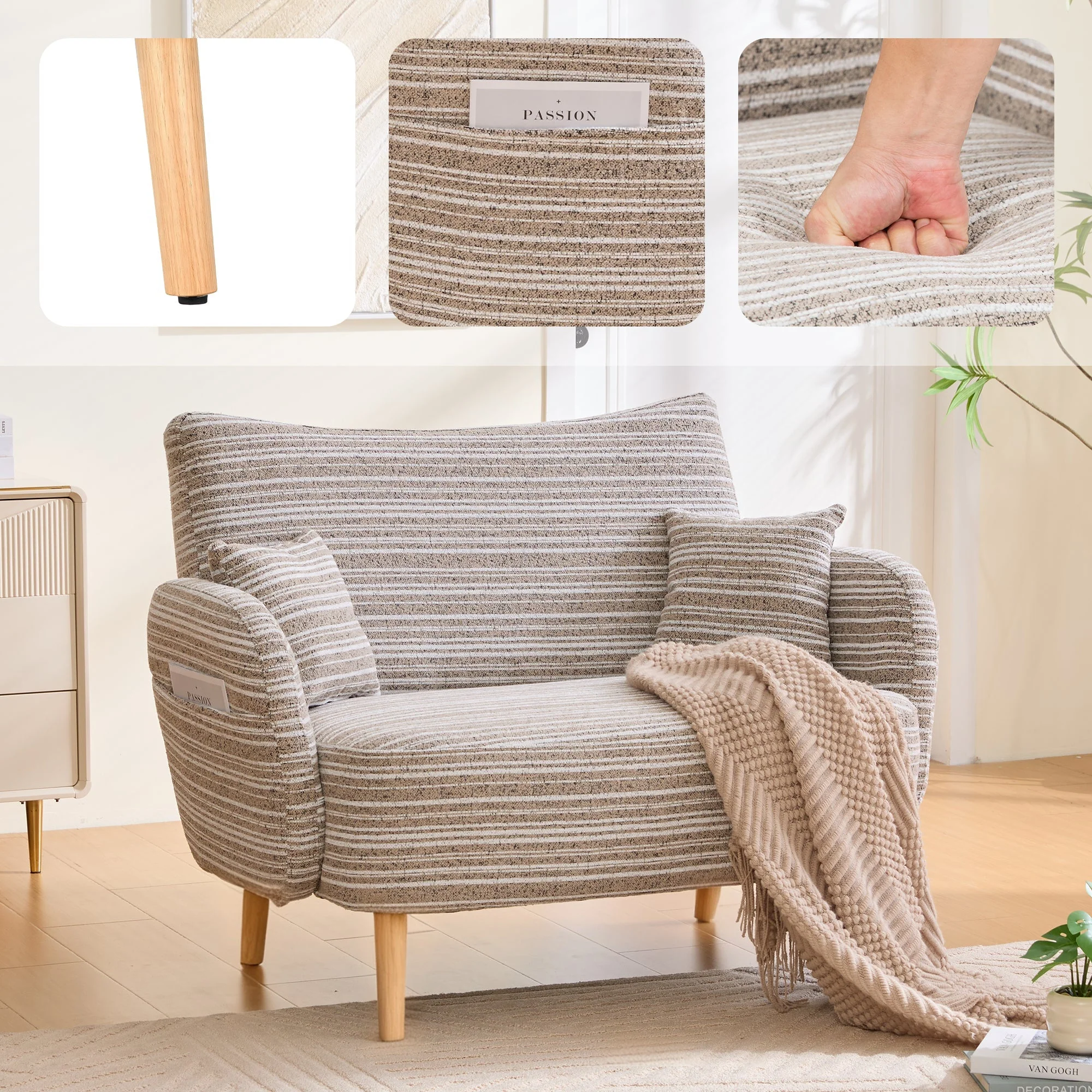 Modern Two-Seater Sofa with Armrest Cushions and Storage Bag, Loop Fabric - Image 11