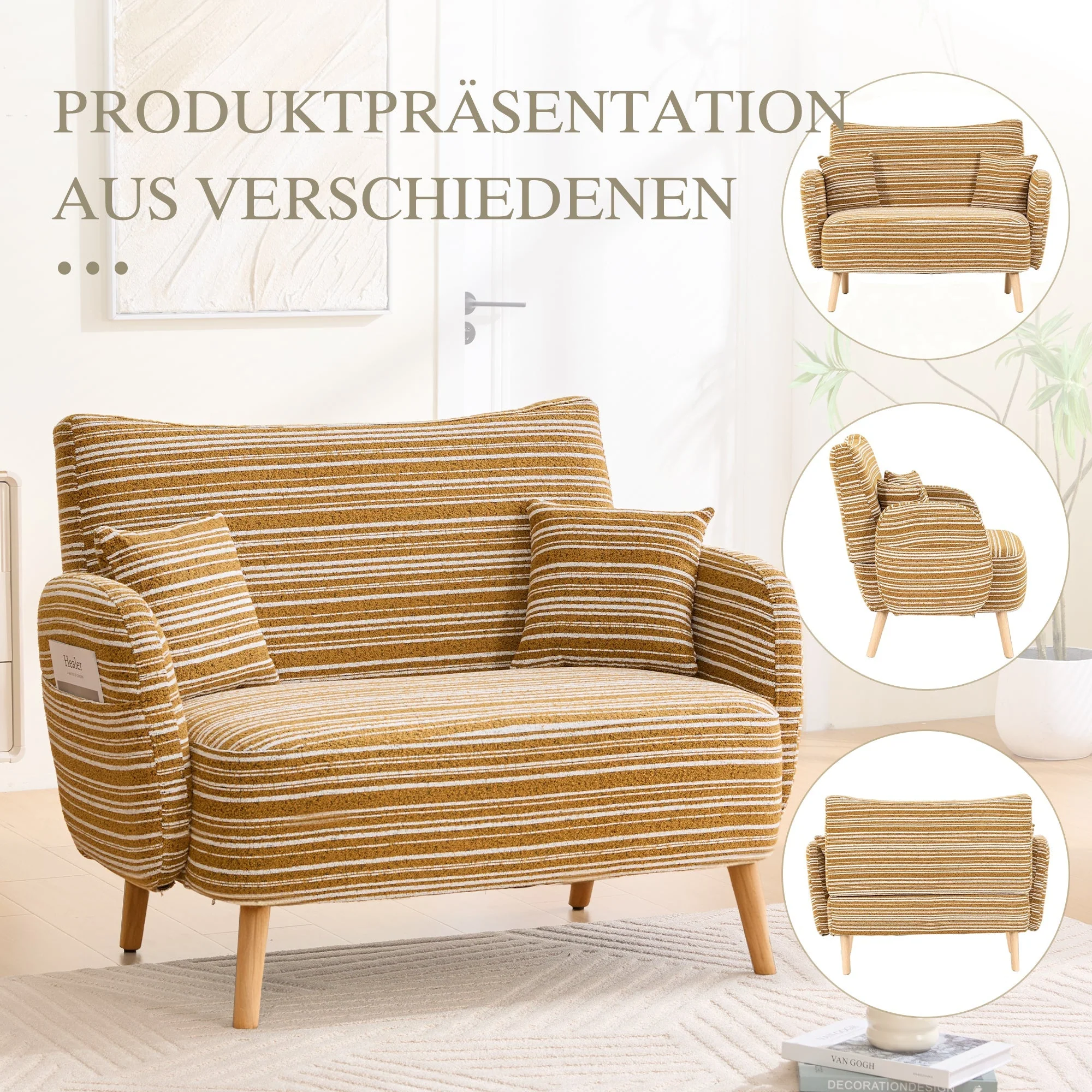 Modern Two-Seater Sofa with Armrest Cushions and Storage Bag, Loop Fabric - Image 5