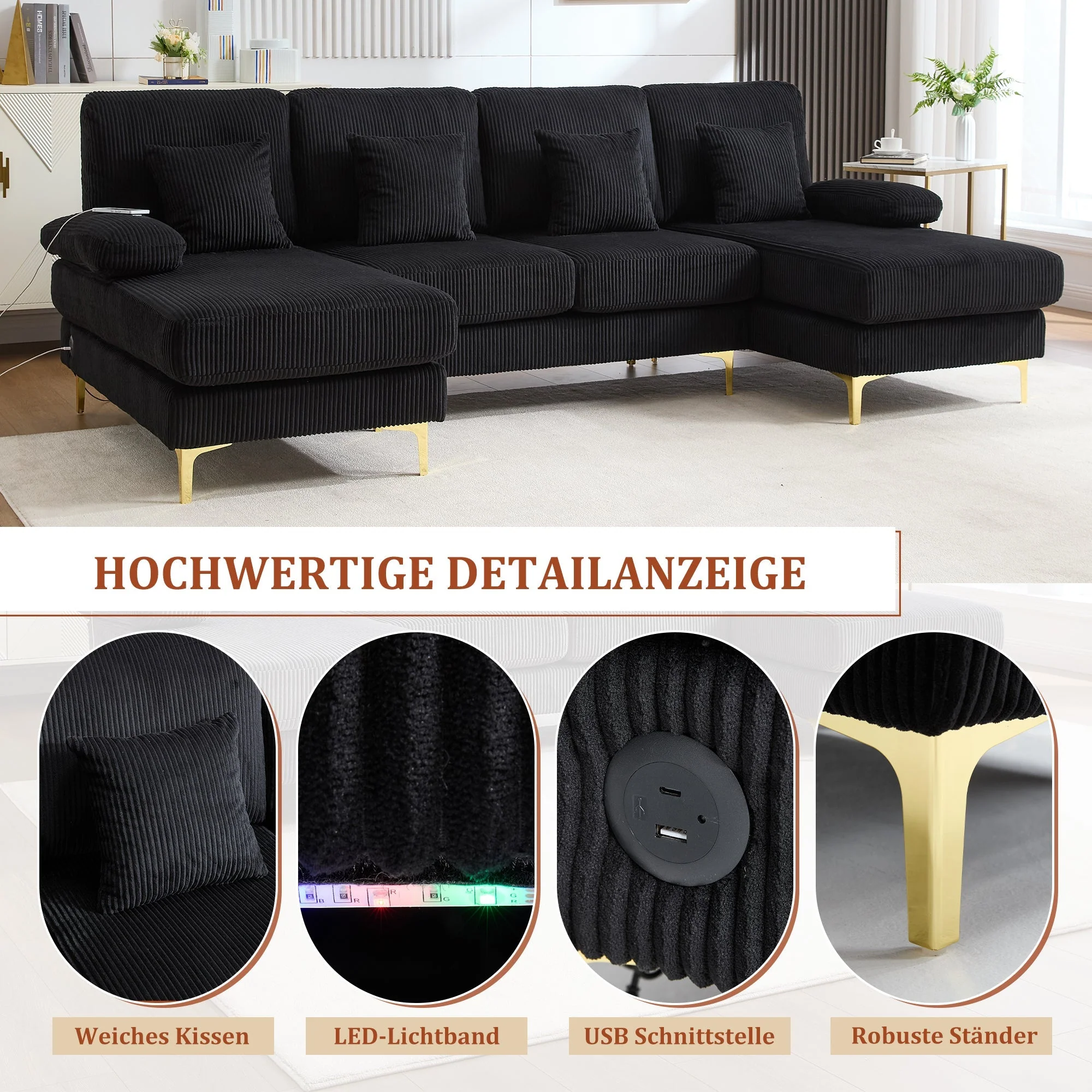 Modern U-shaped Sofa, LED Ambient Lighting, USB-C Port, Ergonomic Backrest, Black