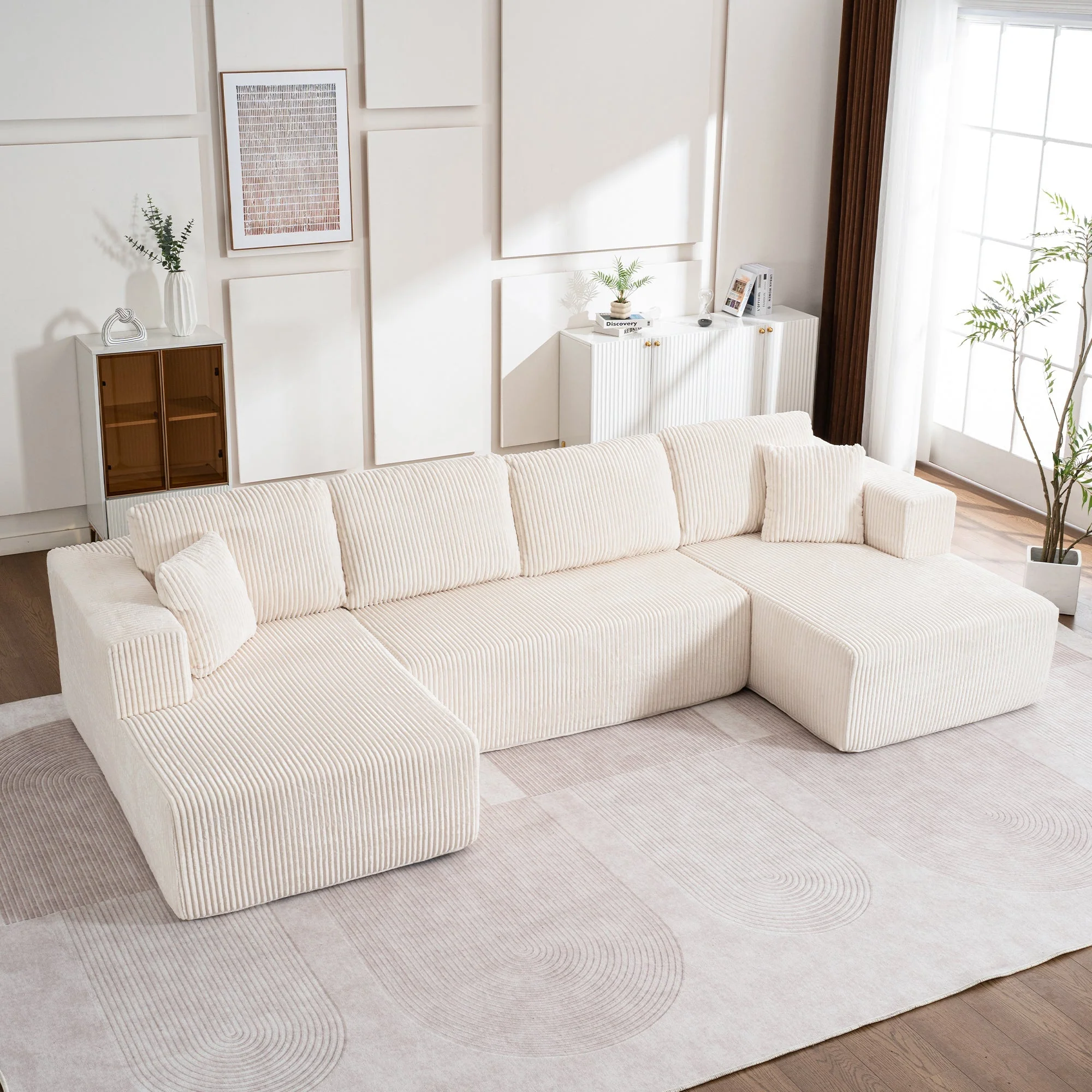 Modern U-Type Leisure Sofa with Modular Non-Assemble Design and Lounge Chairs, Lamp Fabric - Image 11